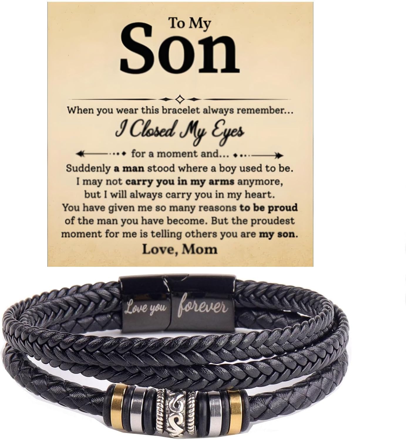 To My Son Love You Forever Leather Bracelet, Son's Infinity Knot Bracelet From Mom Forever Linked Together Bracelets for My Son Stainless Steel Engraved Jewelry Gifts for Birthday Christmas