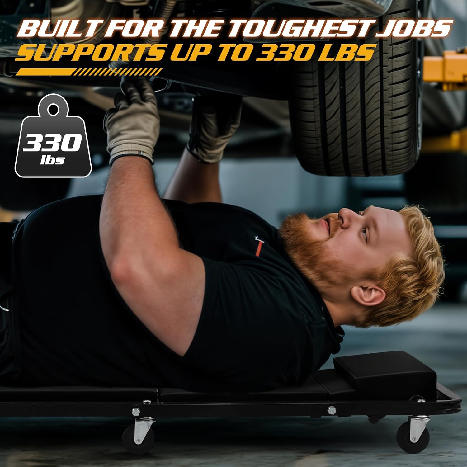 Magshion Garage Creeper Seats 48 Inch 2 in 1 Folding Rolling Mechanic Creeper Roller Seat with 7 Caster Wheels 330 lbs Capacity for Garage Shop (Black)