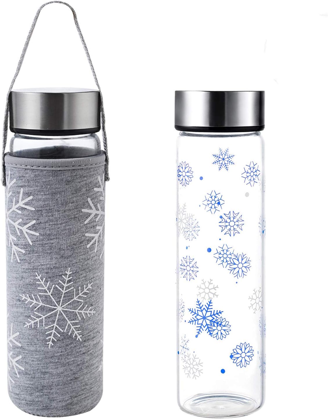 Glass Water Bottles 550 Milliliter, Reusable Sports Borosilicate Water Bottle Wide Mouth BPA-Free with Stainless Steel Lid, Neoprene Sleeve and Cleaning Brush, Ideal for Travel, School