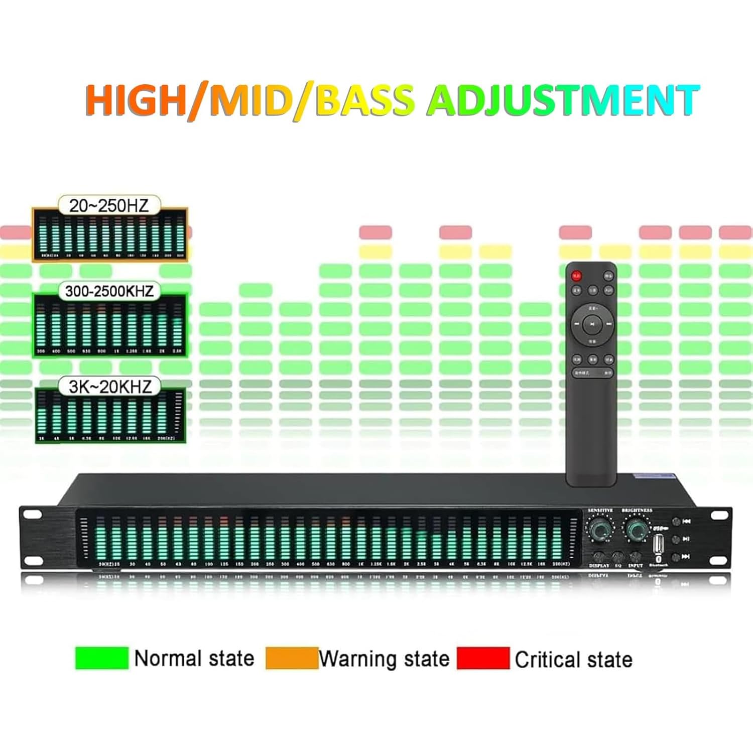 Ecualizador Digital De 31 Bandas, Ecualizador De Audio Gráfico Estéreo, con Pantalla De Espectro Led, 21 Efectos Preestablecidos, Ajuste De Graves/Medios/Agudos, Montaje En Rack De 1u, para