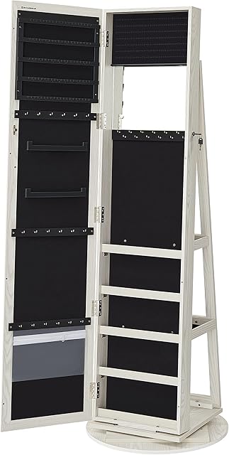 SONGMICS Freestanding Jewellery Cabinet, 360° Swivel Jewellery Organiser with Mirror, Shelves, 3-in-1 Lockable Jewellery Armoire, Cosmetics Storage Cabinet, White with Greyish Wood Grain JBC62W