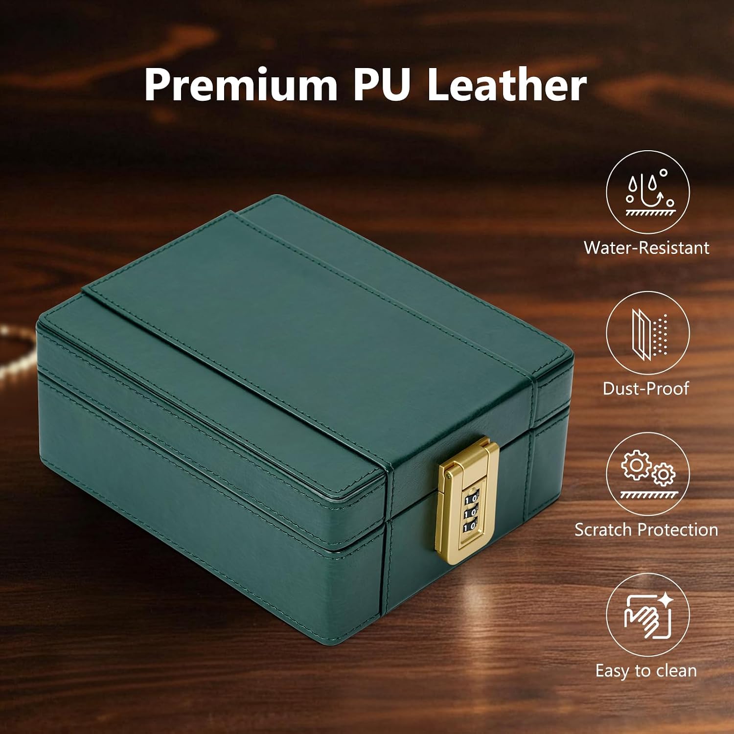 BISON DENIM Watch Box, 4 Watch Travel Case with Combination Lock - PU Leather Men's Watch Storage Box & Jewelry Organizer with Ring Slots & Necklace Hooks, Secure Travel Case