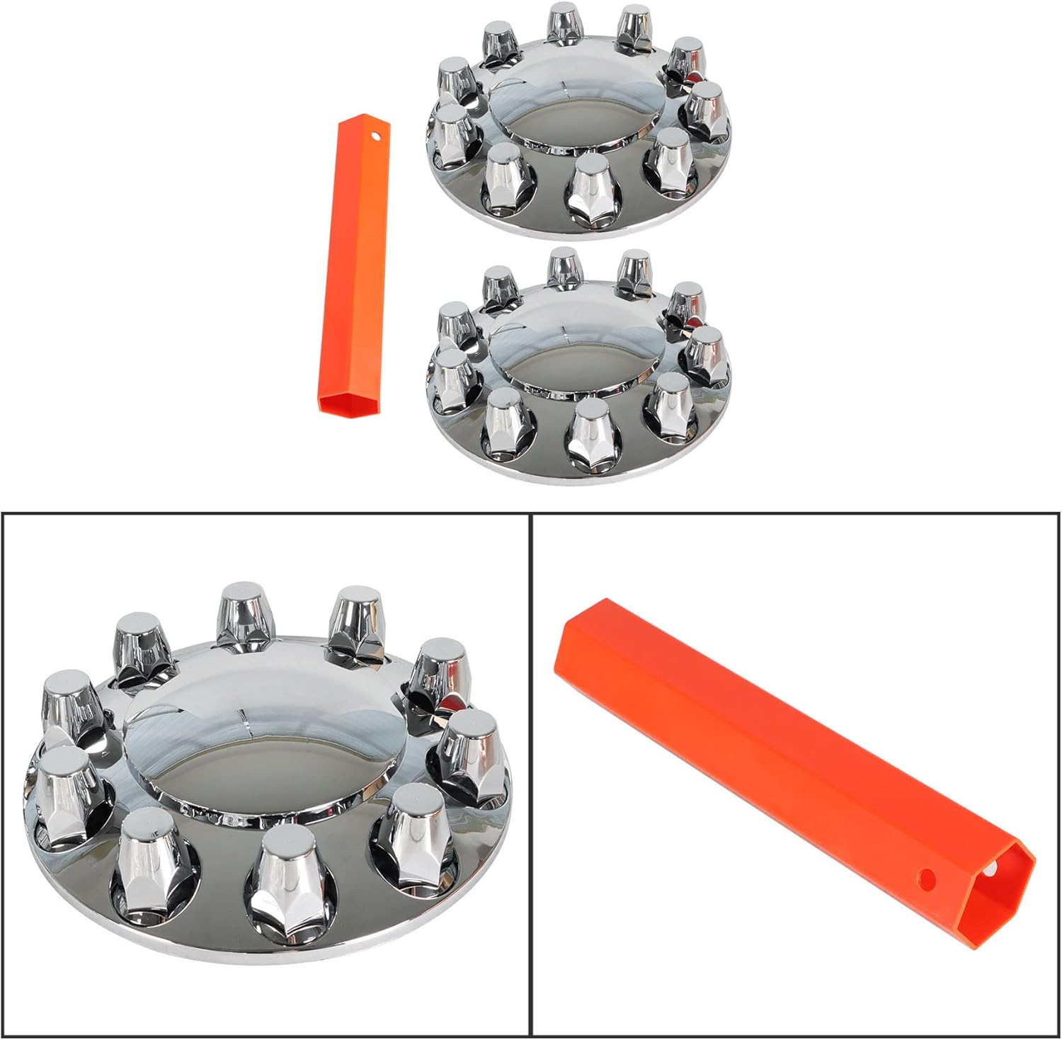 2 Front 4 Rear Semi Truck Hub Cover Wheel Axle Covers Front and Rear Chrome Plastic with 33mm Lug Nut Covers