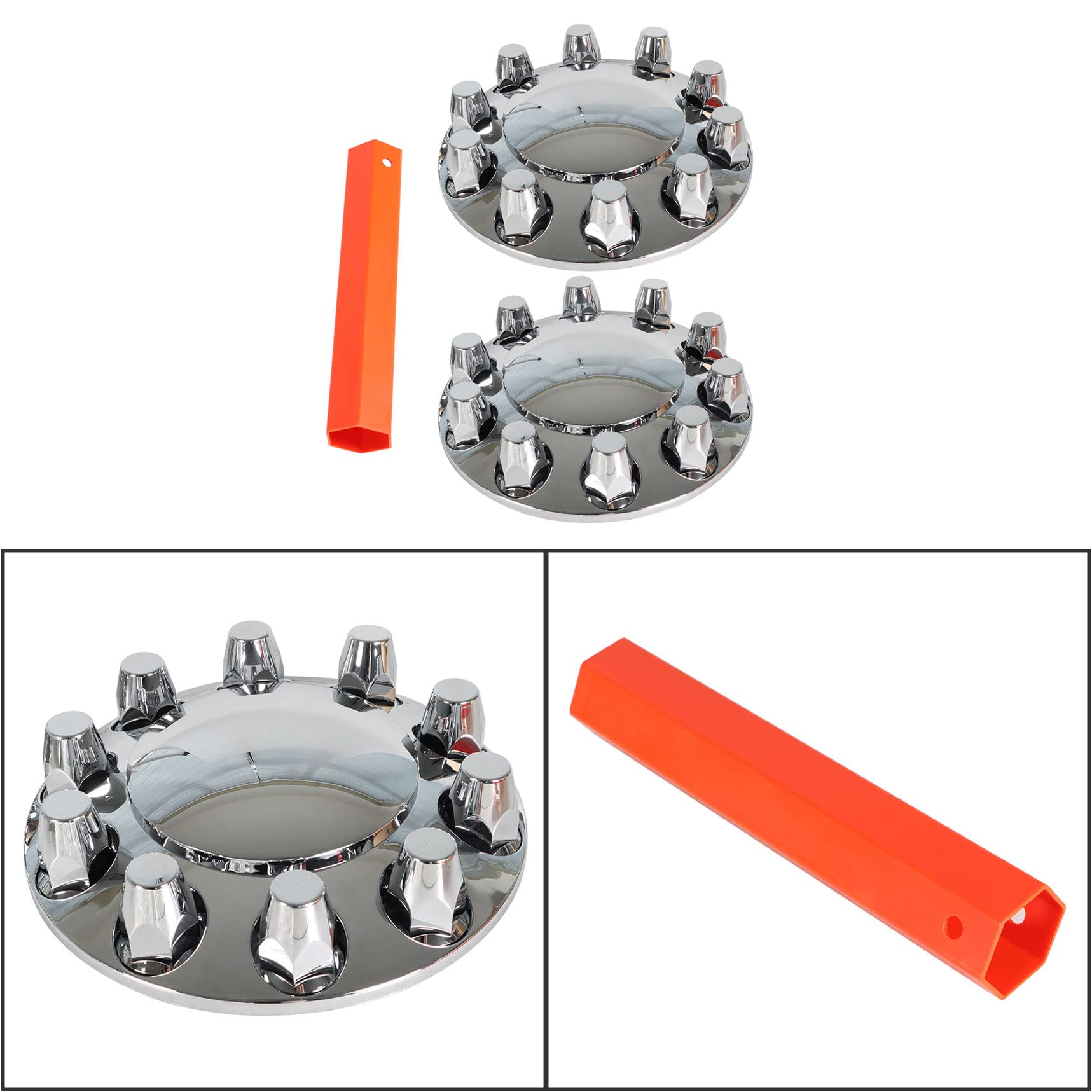 2 Front 4 Rear Semi Truck Hub Cover Wheel Axle Covers Front and Rear Chrome Plastic with 33mm Lug Nut Covers