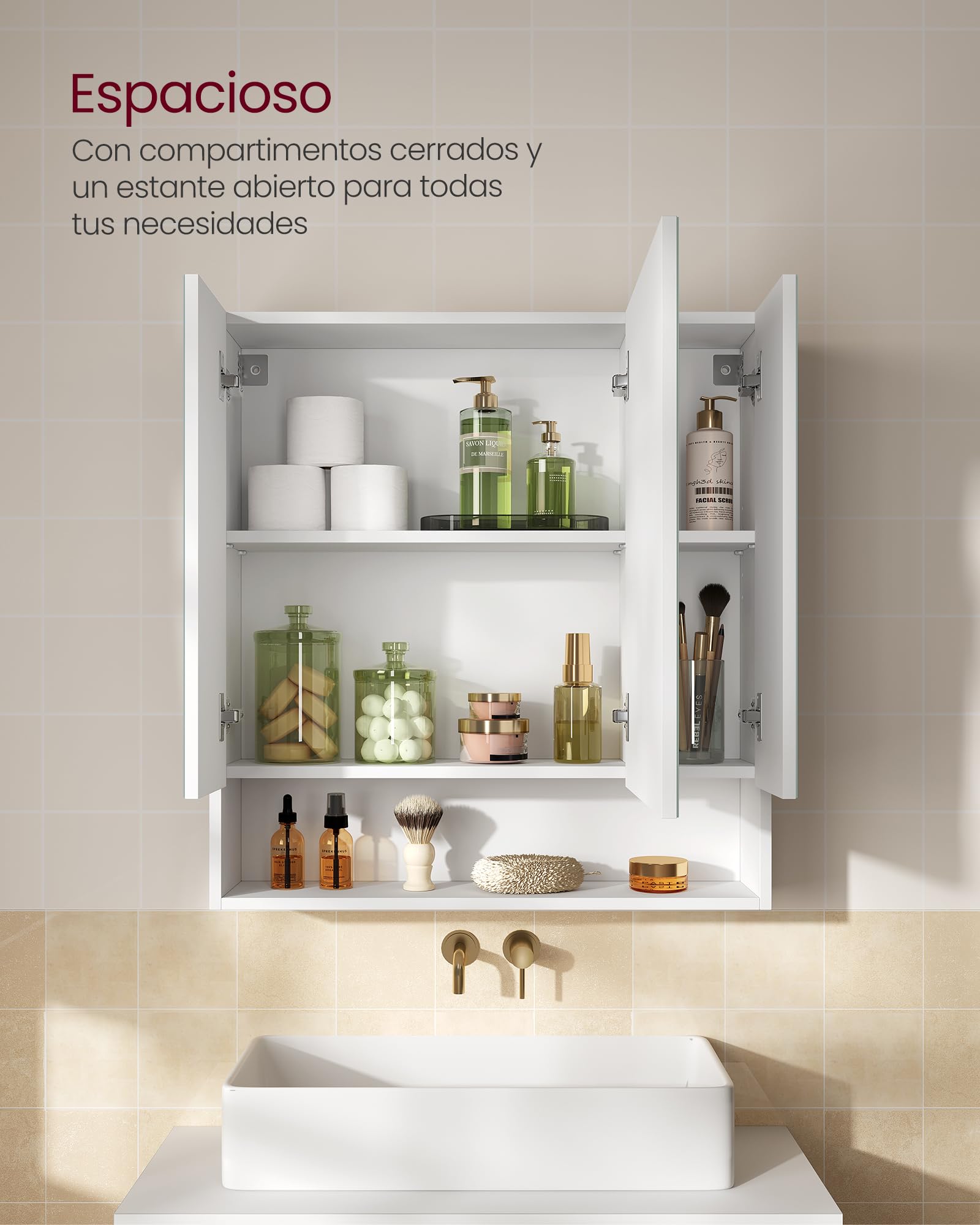 VASAGLE Kailyn Colección - Armario de Baño con Puertas de Espejo, Armario de Pared de Baño, Armario de Pared con Espejo, Estantes Ajustables, 16,5 x 70 x 75 cm, Blanco Nube BBK129W01V1