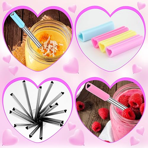 Miniatura 8 de Pajitas de acero inoxidable en forma de corazón con puntas de silicona, pajitas de corazón reutilizables, lindas pajitas con 2 cepillos de limpieza