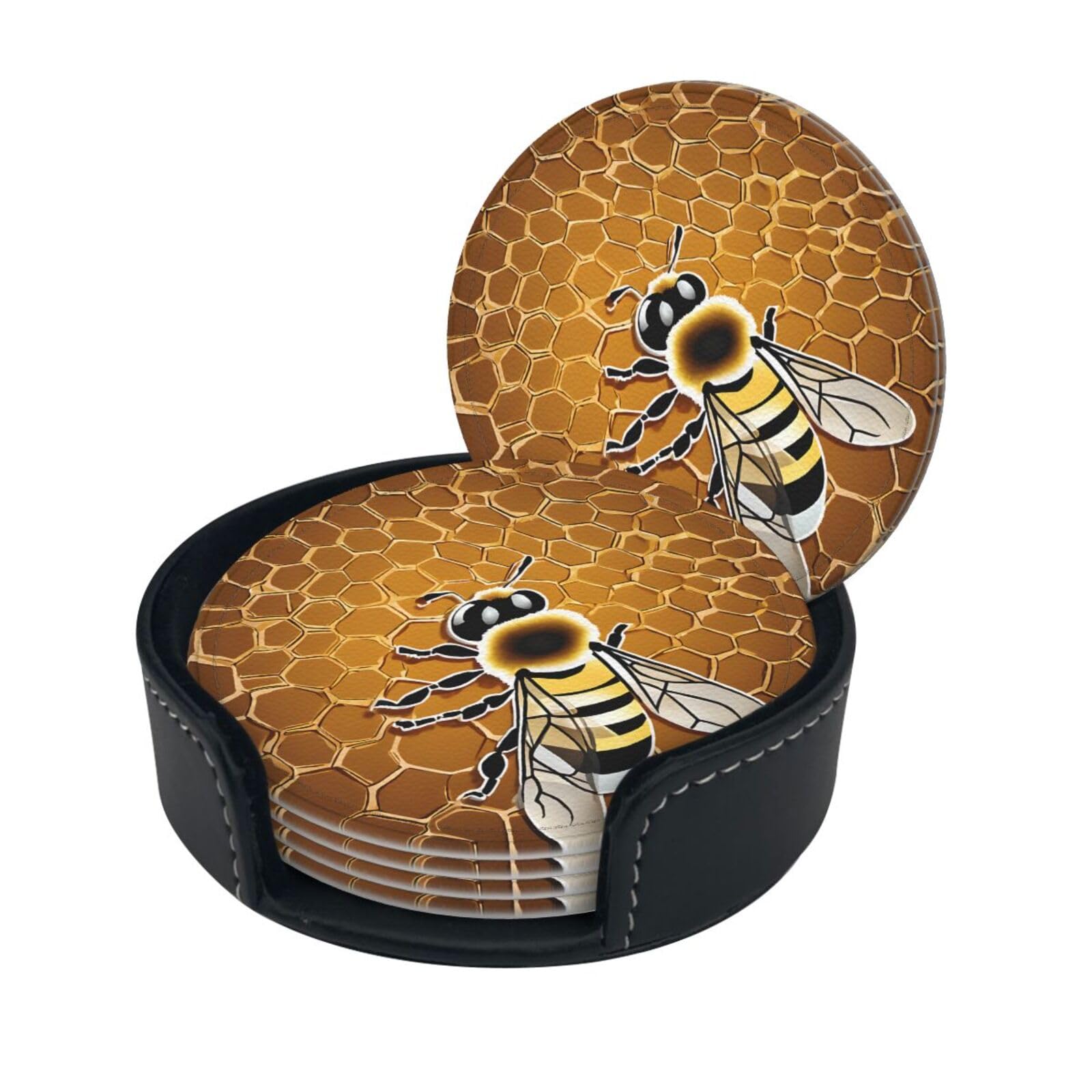 Bee Honeybee Print Coaster,Round Leather Coasters with Storage Box for Wine Mugs,Cold Drinks and Cups Tabletop Protection (6 Piece)