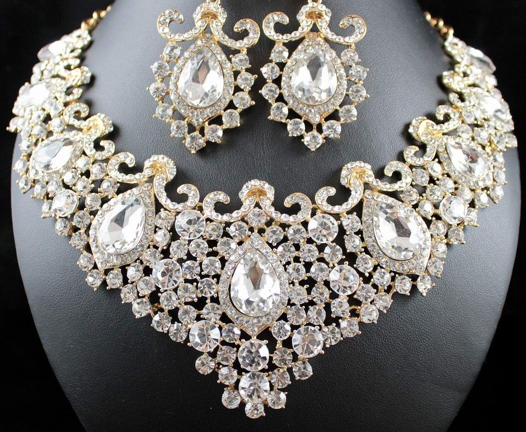 STUNNING CLEAR AUSTRIAN RHINESTONE CRYSTAL NECKLACE EARRINGS SET N12187G GOLD