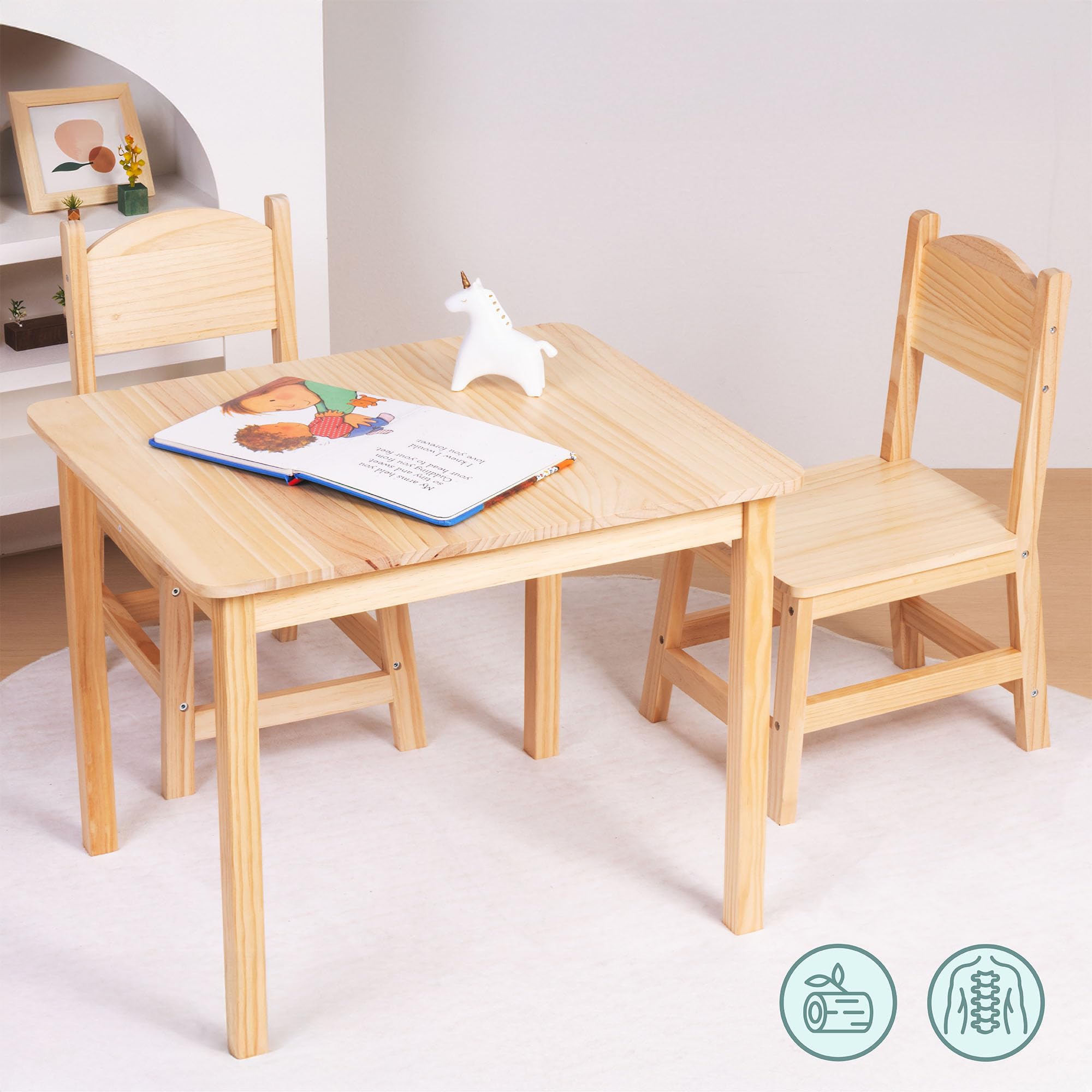 Mamabrum Drewniany Stolik i 2 Krzesełka dla Dzieci – Zestaw z Naturalnego Drewna Sosnowego do Zabawy Nauki i Posiłków – Ergonomiczny i Bezpieczny – 3+