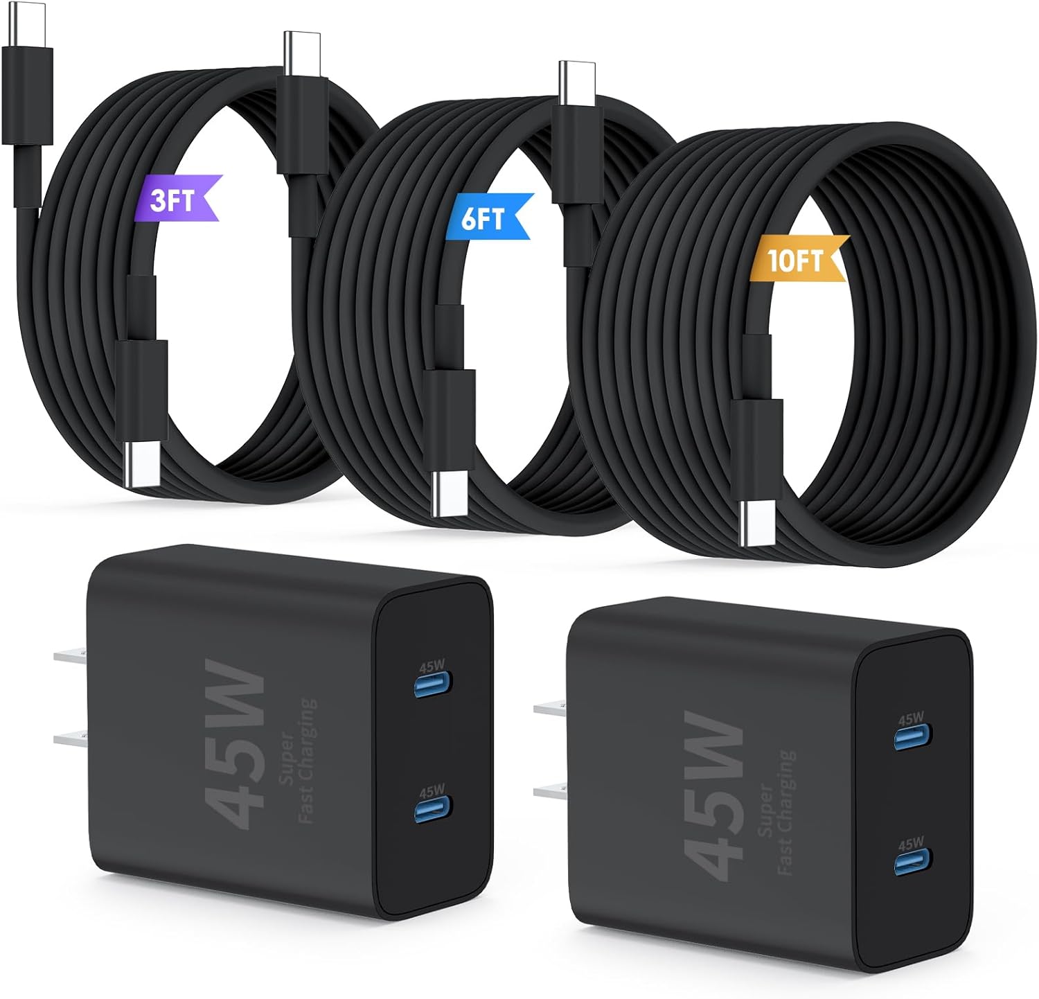 Super Fast Samsung Charger Type C,45W Dual Port USB C Fast Charger Block [2-Pack] & Extra Long 60W 3/6/10FT USB C Cable – PD Quick Charging 3.0 for Samsung Galaxy S25 Ultra/S24+/S23 iPhone 16