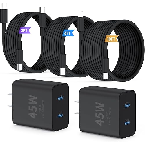 Super Fast Samsung Charger Type C,45W Dual Port USB C Fast Charger Block [2-Pack] & Extra Long 60W 3/6/10FT USB C Cable - PD Quick Charging 3.0 for Samsung Galaxy S25 Ultra/S24+/S23 iPhone 16