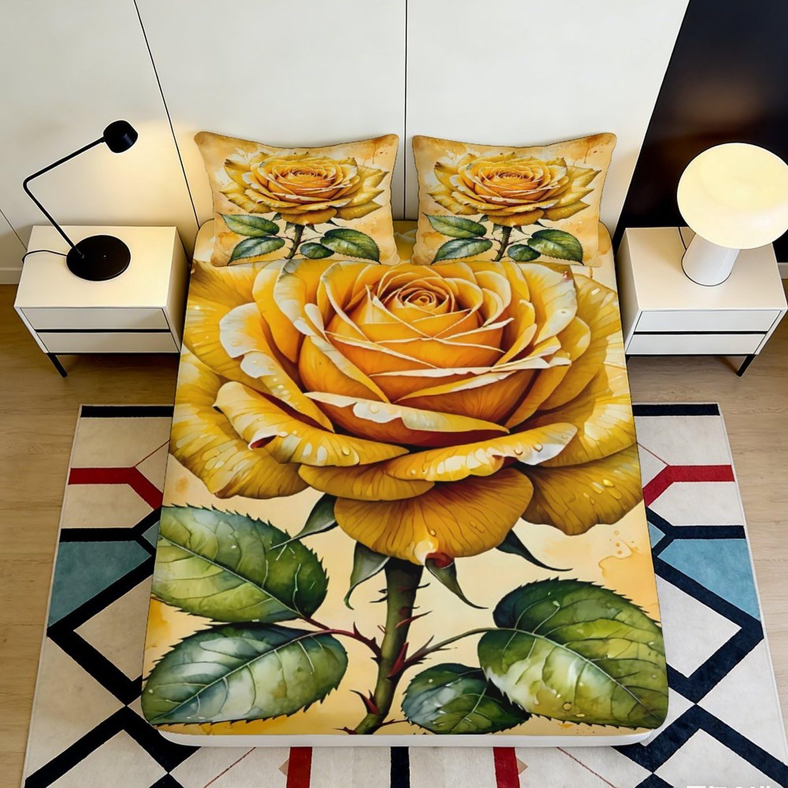 3D Printed Golden Rose Fitted Sheet Microfiber Washable Non-Slip Golden Rose Mattress Fitted Cover Deep Pocket Bedding 200x200x25cm 90x200x25cm