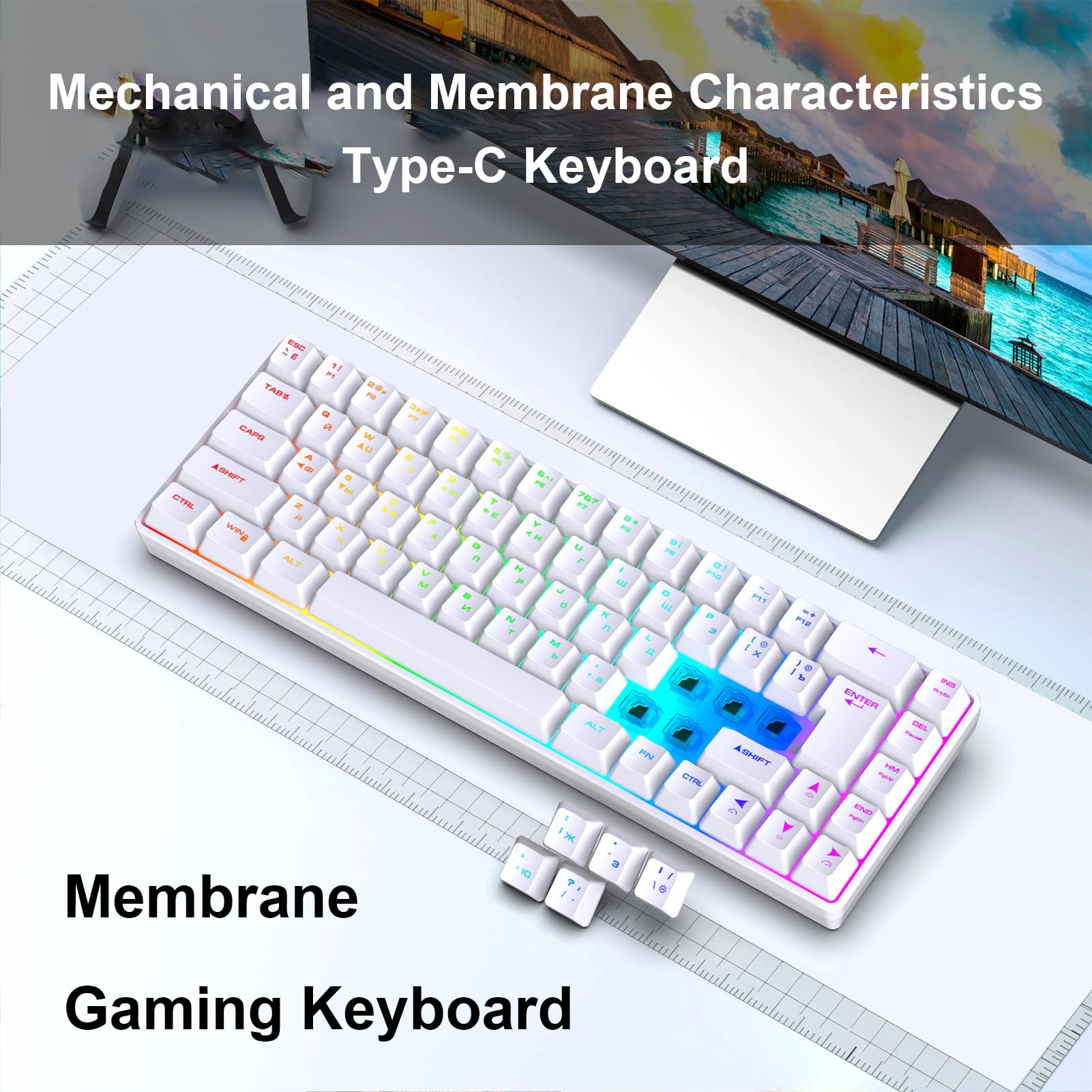 Annadue 68 Kluczowa Rosyjska Angielska Klawiatura Gier, Odwrotna Klawiatura Mechaniczna RGB z 18 Trybami Oświetleniowymi, USB Podłączonymi dla Graczy na PC (WHITE)