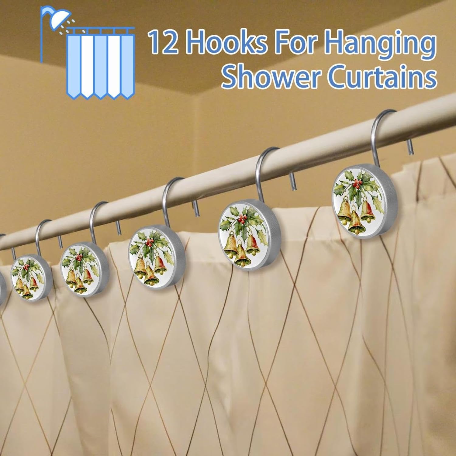 12PCS Christmas Bells 4 Shower Curtain Hooks Rings for Bathroom, Decorative Shower Curtain Hooks Rods Curtains and Liner