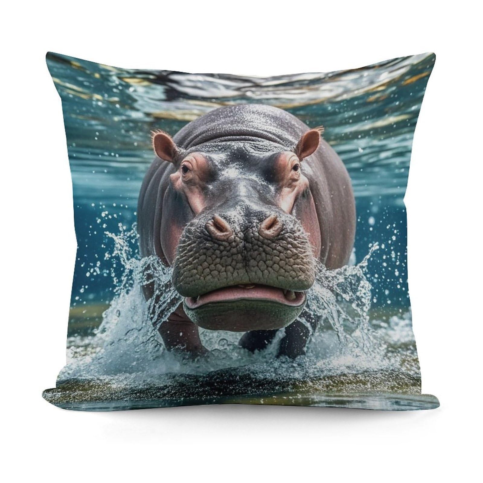 FekiLoot Diving Hippo Throw Pillow Cover Soft Decorative Pillow Cover Modern Square Cushion Cover Cozy Cushion Case Farmhouse Home Decor for Sofa Couch Living Room 18 X 18 Inch