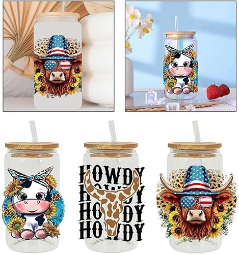 Envoltura de taza UV DTF, calcomanía de transferencia UV DTF de dibujos animados de vaca para vasos de vidrio de 16 onzas, 13 hojas de vaca linda
