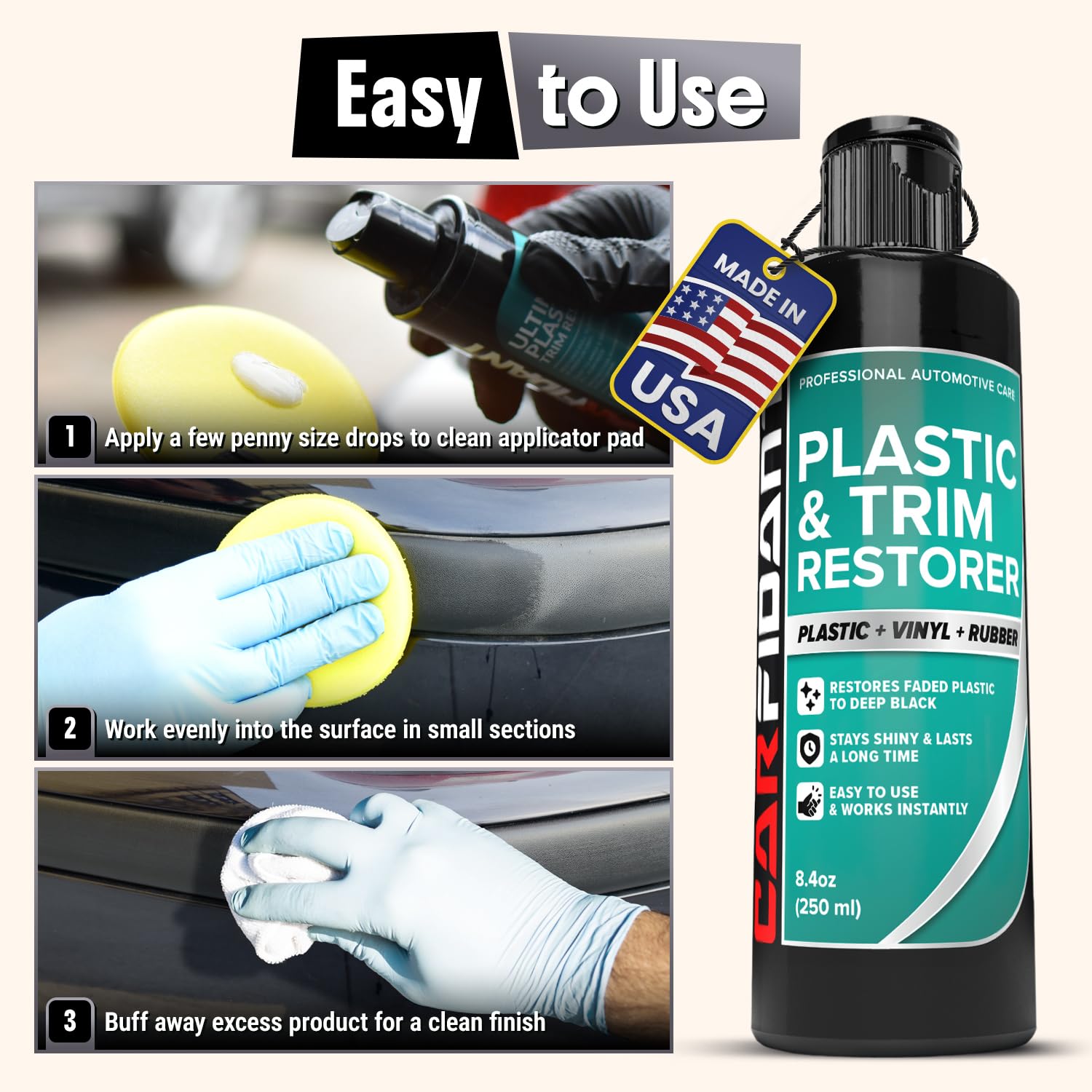 Restaurador de plástico Carfidant para Autos, refresca el plástico desteñido, Vinilo y Goma con Esmalte para un Brillo Profundo, Protege contra los Rayos UV y la Suciedad, Color Negro Exterior e