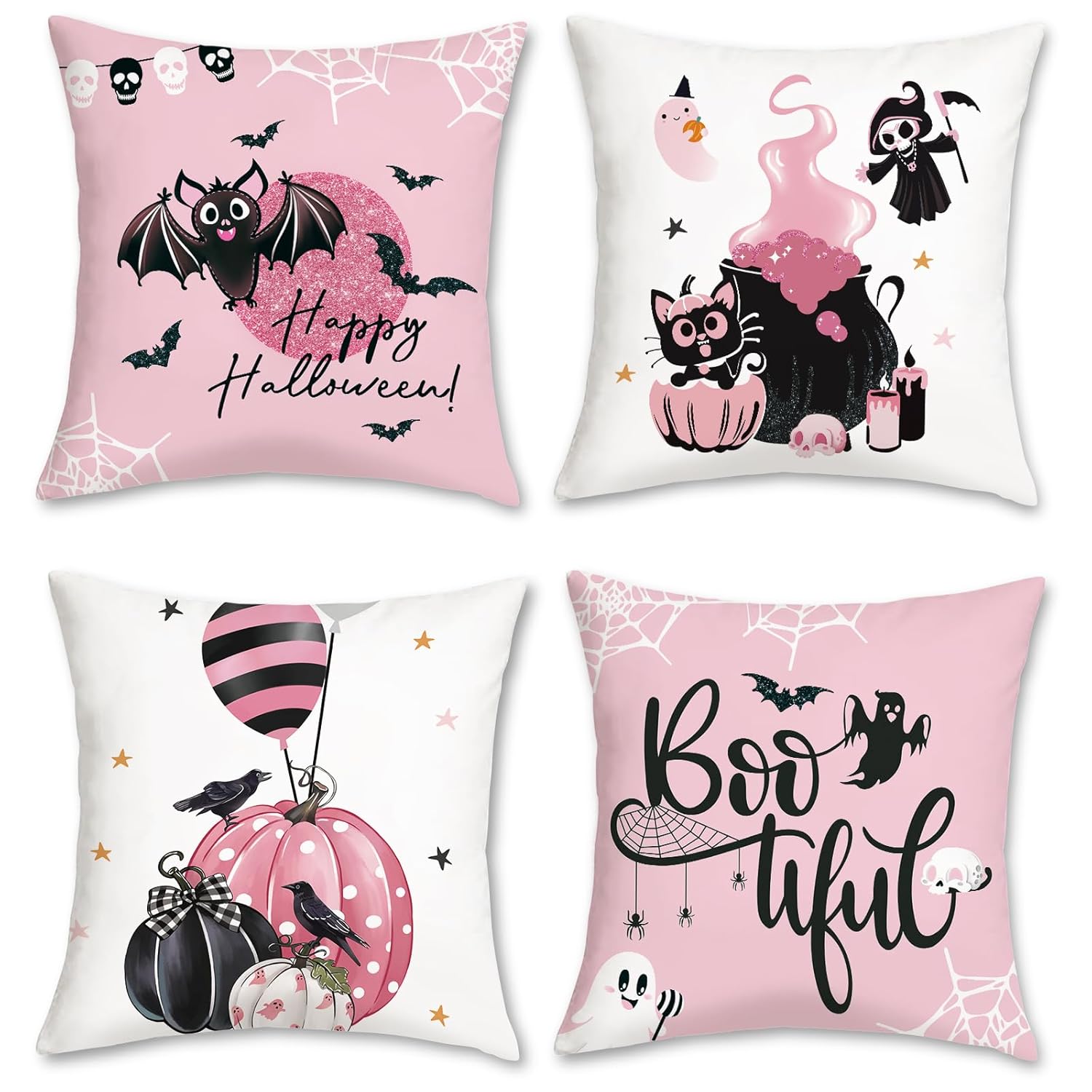 COZZSNUGE Halloween Throw Pillow Covers Black Cat Pumpkins Skulls Bats Boo Pink Decorative Pillowcases for Sofa Bed Home