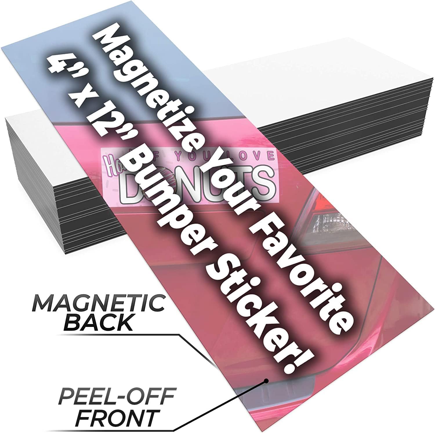 Cut to Size Durable 4x12in Sticker Magnetizer 10Pk. Turn Any Decal Into a Strong Magnet. Weatherproof Magnetic Strip Protects Bumper Paint and Allows Easy Swap. Flexible Sheet Guaranteed to Stick.