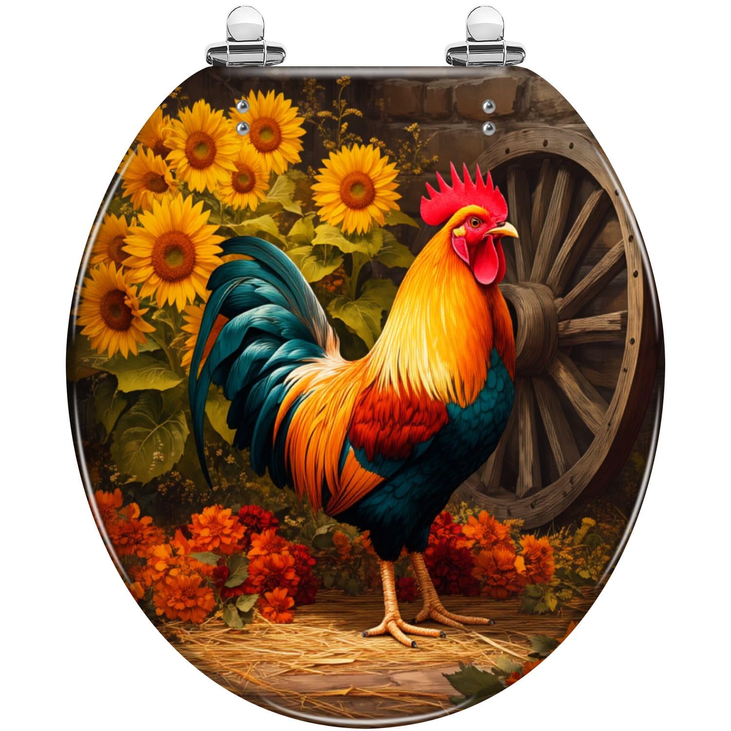 Asiento de inodoro redondo de resina con diseño de gallo y girasol estilo granja, con bisagras de cierre suave.