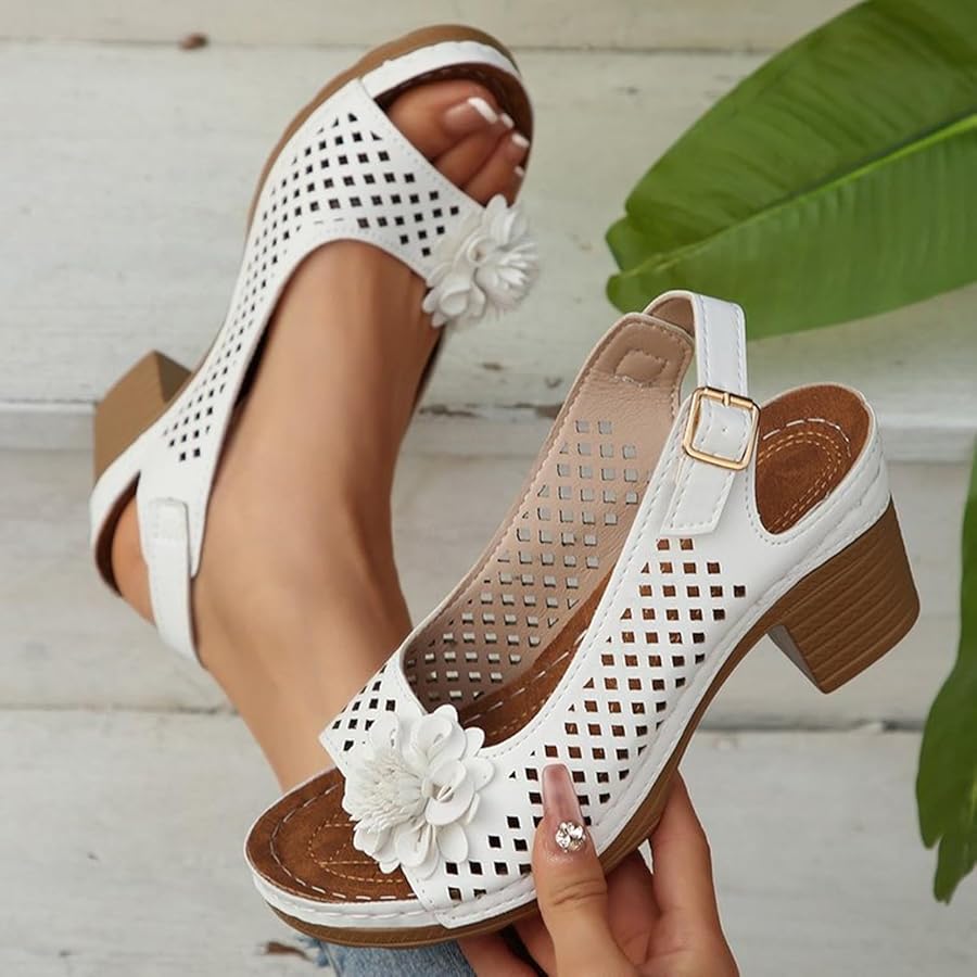 Amazon.com | Buckled Square Heel Sandals for Women Dressy Flower Low Heeled  Sandals for Women Summer Cute Peep Toe Wedges Open Toe Slingback Slip On  Shoes Beach Trendy Hollow Out Dress Sandal