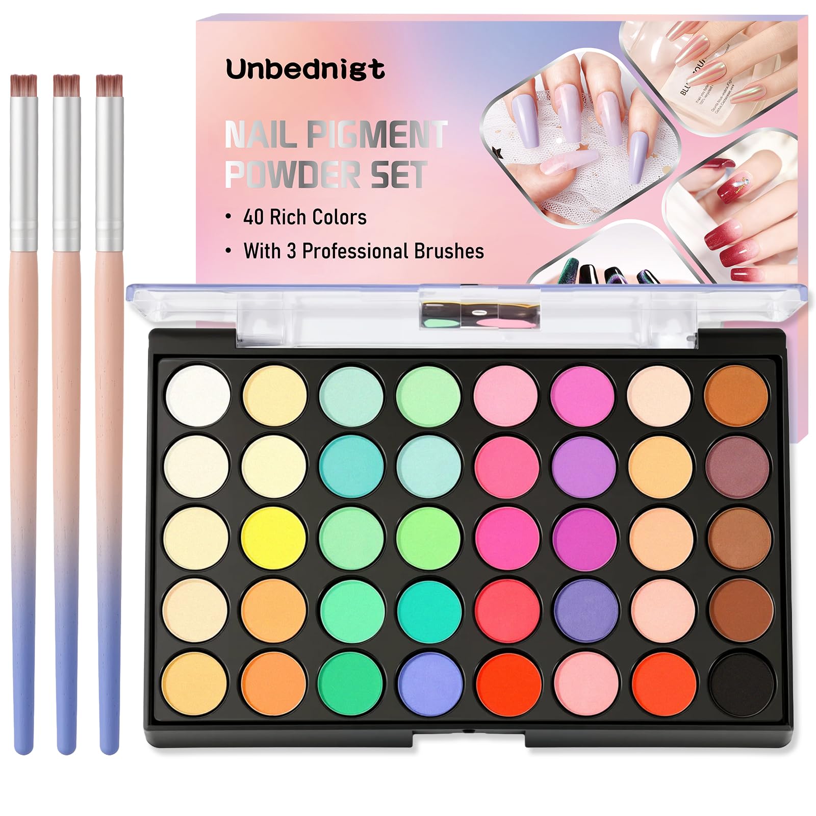 Zosutetoxo Ensemble de Poudres pour Ongles 40 Couleurs avec 3 Pinceaux Pigments pour Nail Art Nuances Néon et Pastel Palette de Poudre pour Ombre Dégradé Décoration d'Ongles