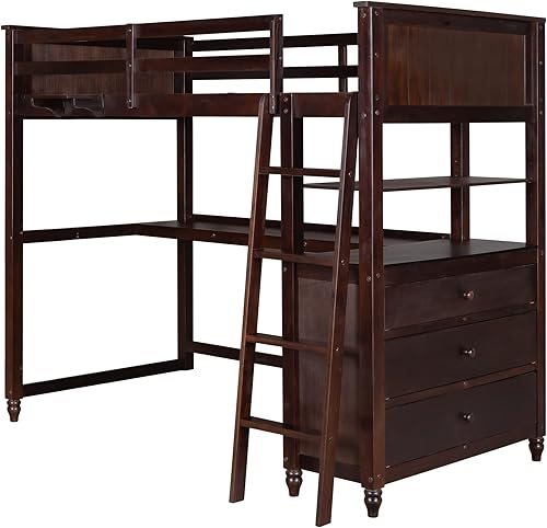 Miniatura 151 de Quarte Cama alta multifuncional, cama alta tamaño matrimonial con escritorio integrado y estantes de almacenamiento, dos cajones y escalera de