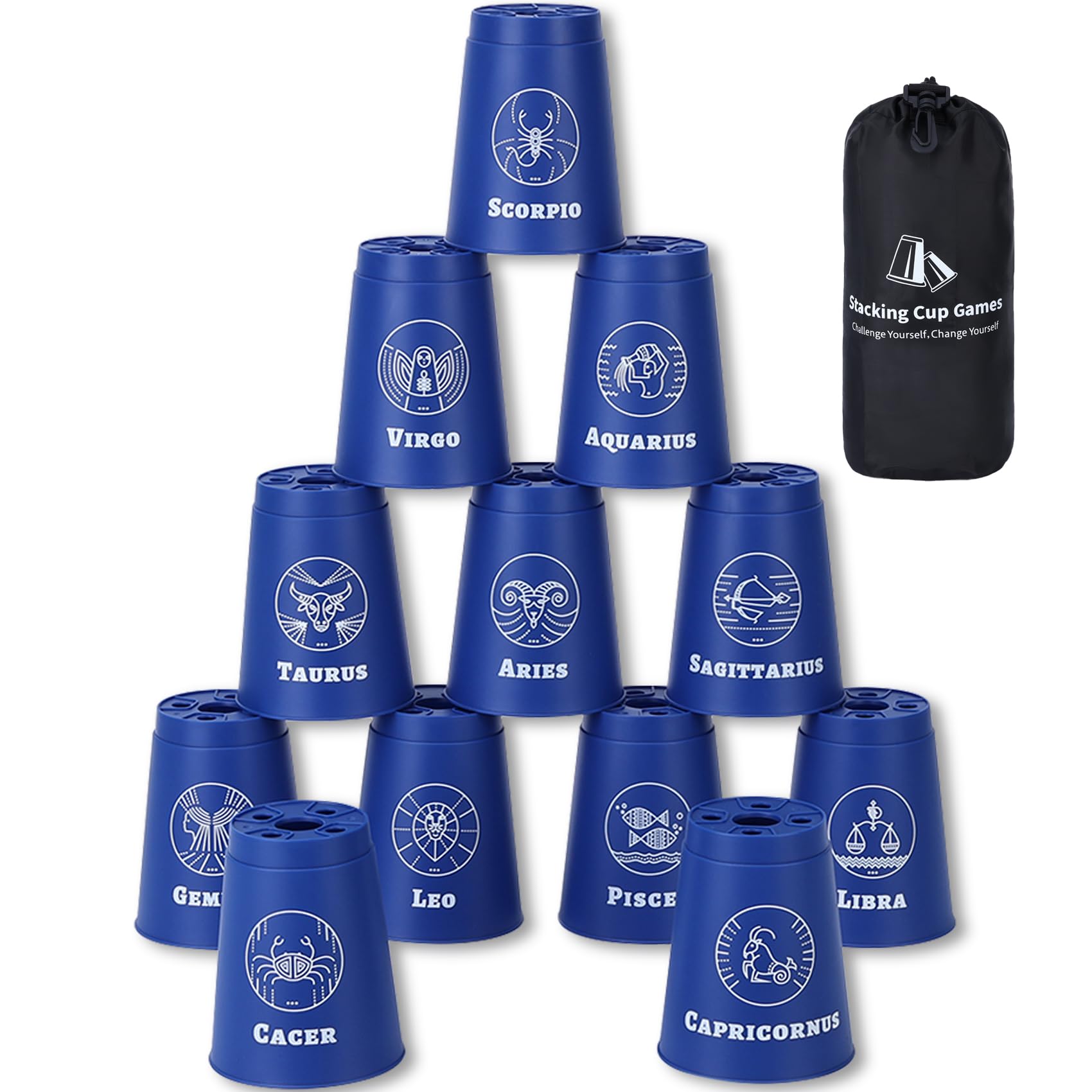 Stacking Cups, Constellations Printed Stack Cups Game with 12 PCS Stacking Cups & Durable Carry Bag, Horoscope Stacking Games for Kids Adults Family (Blue)