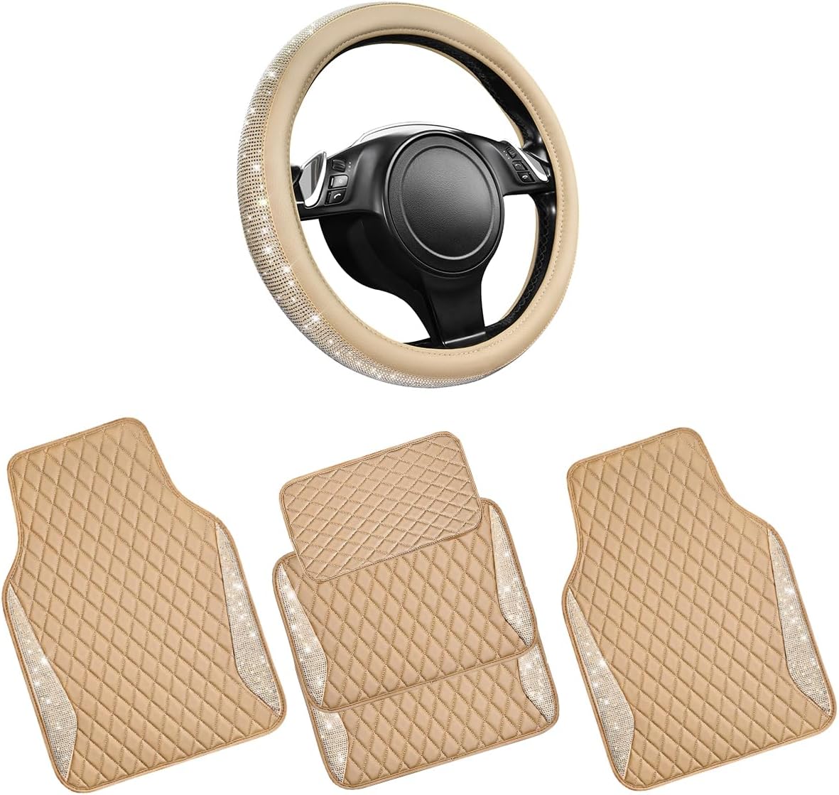 CAR PASS Bling Diamond Leather Steering Wheel Cover Beige Car Floor Mats, with Bling Sparkly Crystal Glitter Rhinestones Universal Fit 14" 1/2-15" Beige