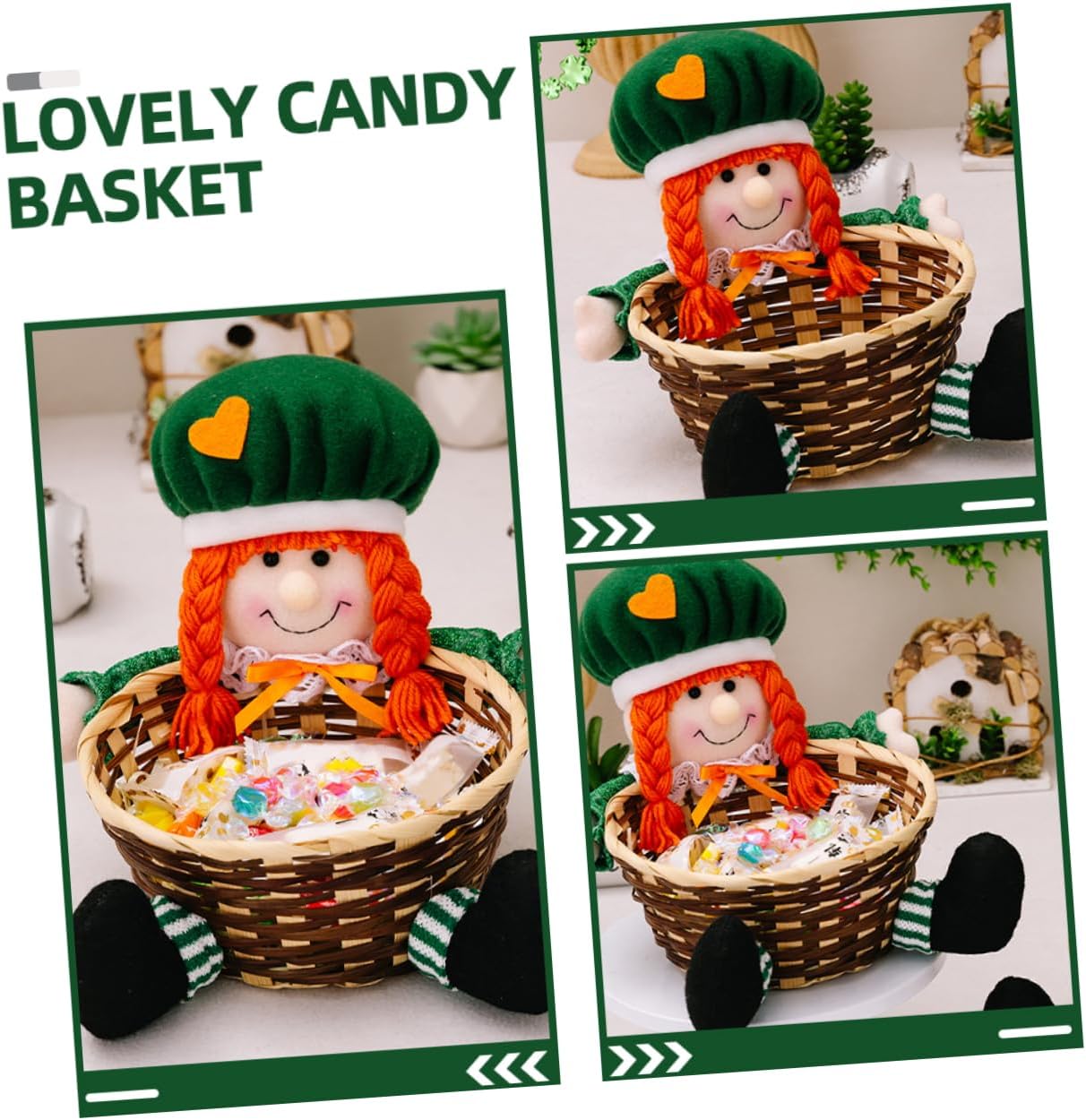 St Patrick's Day Candy Basket Adorable Doll Design Versatile Sweet Container for Treats and Decorations for Table Centerpieces and Festive Celebrations