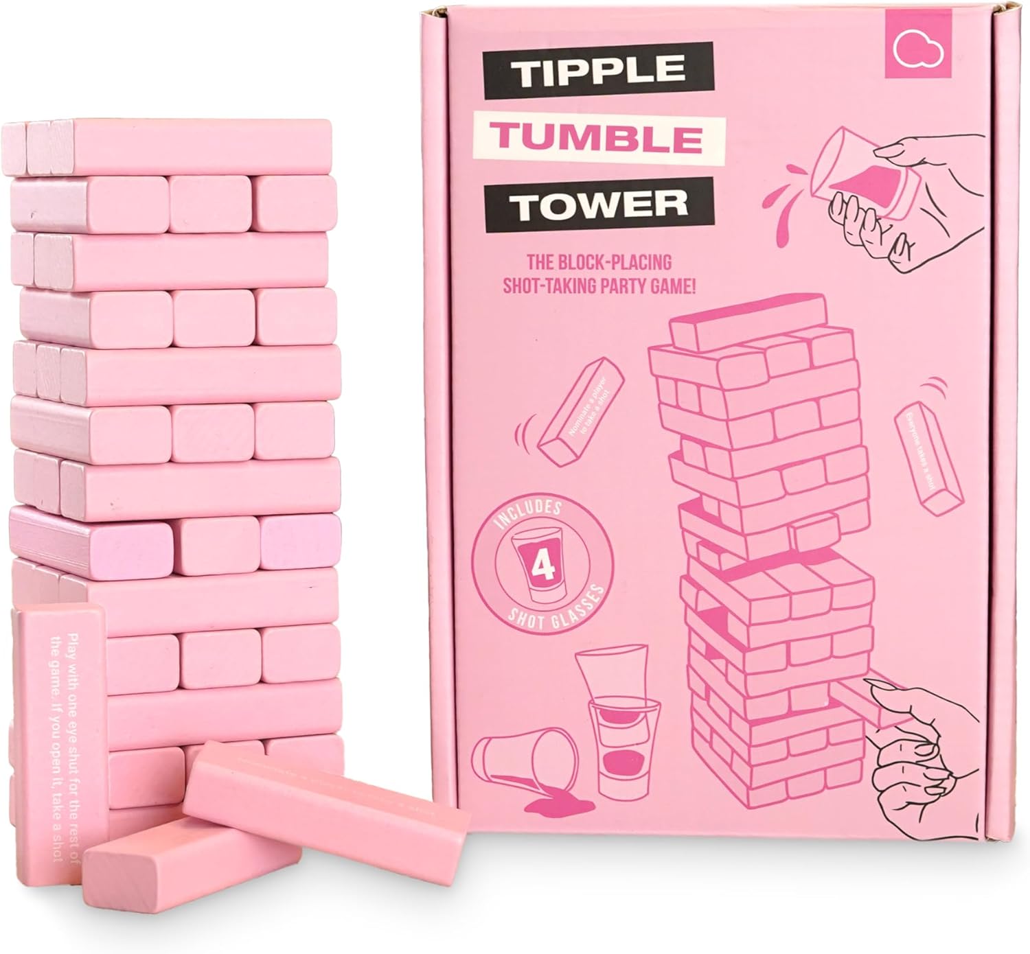 Bubblegum Stuff - Tipple Tumble Tower - The Ultimate Drinking and Dares Block-Stacking Game - Includes 54 Pink Blocks and 4 Shot Glasses - Ages 18+