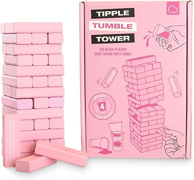 Bubblegum Stuff - Tipple Tumble Tower - The Ultimate Drinking and Dares Block-Stacking Game - Includes 54 Pink Blocks and 4 Shot Glasses - Ages 18+