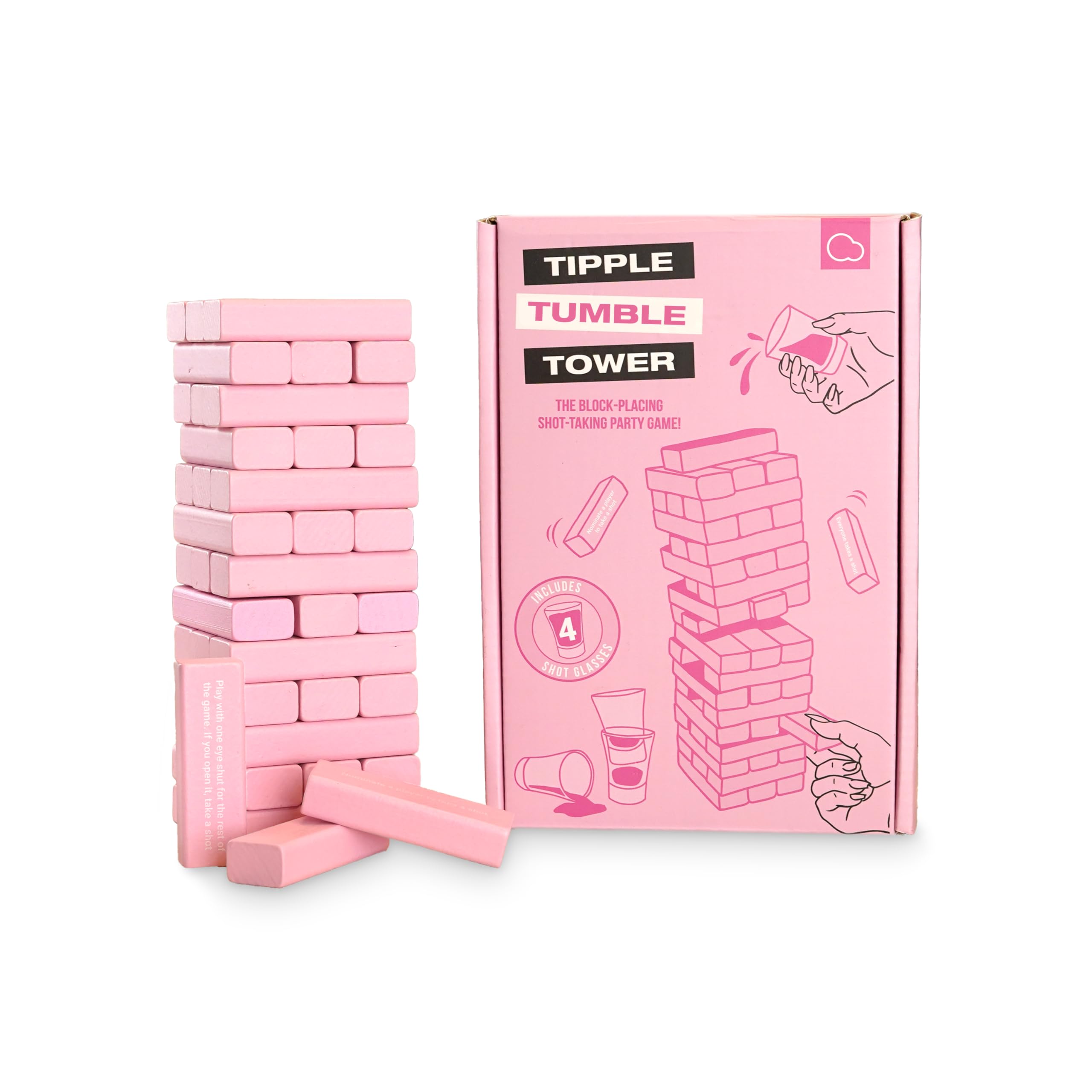 Bubblegum Stuff - Tipple Tumble Tower - The Ultimate Drinking and Dares Block-Stacking Game - Includes 54 Pink Blocks and 4 Shot Glasses - Ages 18+