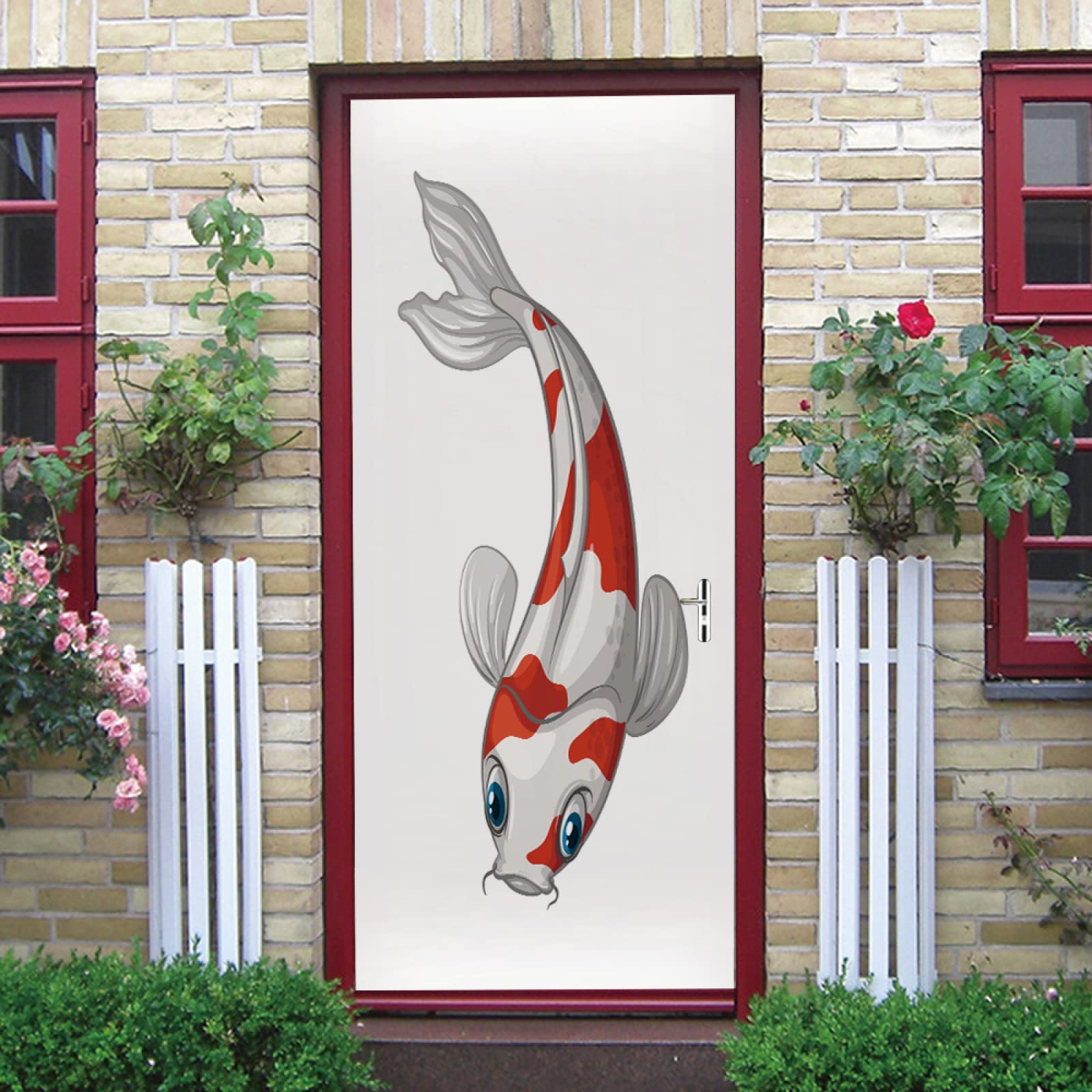 Sticker porte carpe koi trompe l'œil autocollant porte placard 95x215cm