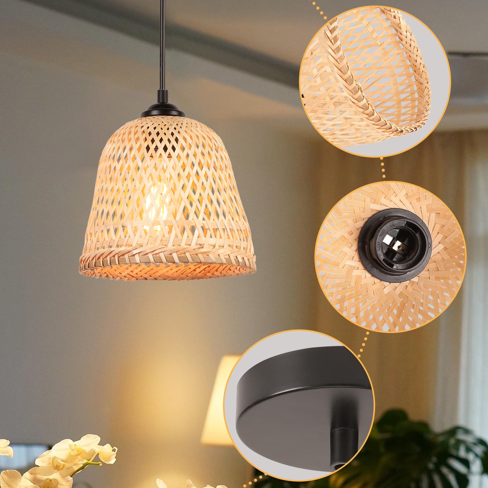 2 packs Lustres Suspensions Bambou Industrielle Luminaire Plafonnier E27 Vintage Lustre Abat-jour en Bambou Tressé Rétro Lampe de plafond Ø200mm Design Pour Salon Cuisine Chambre (A-L-2pcs)