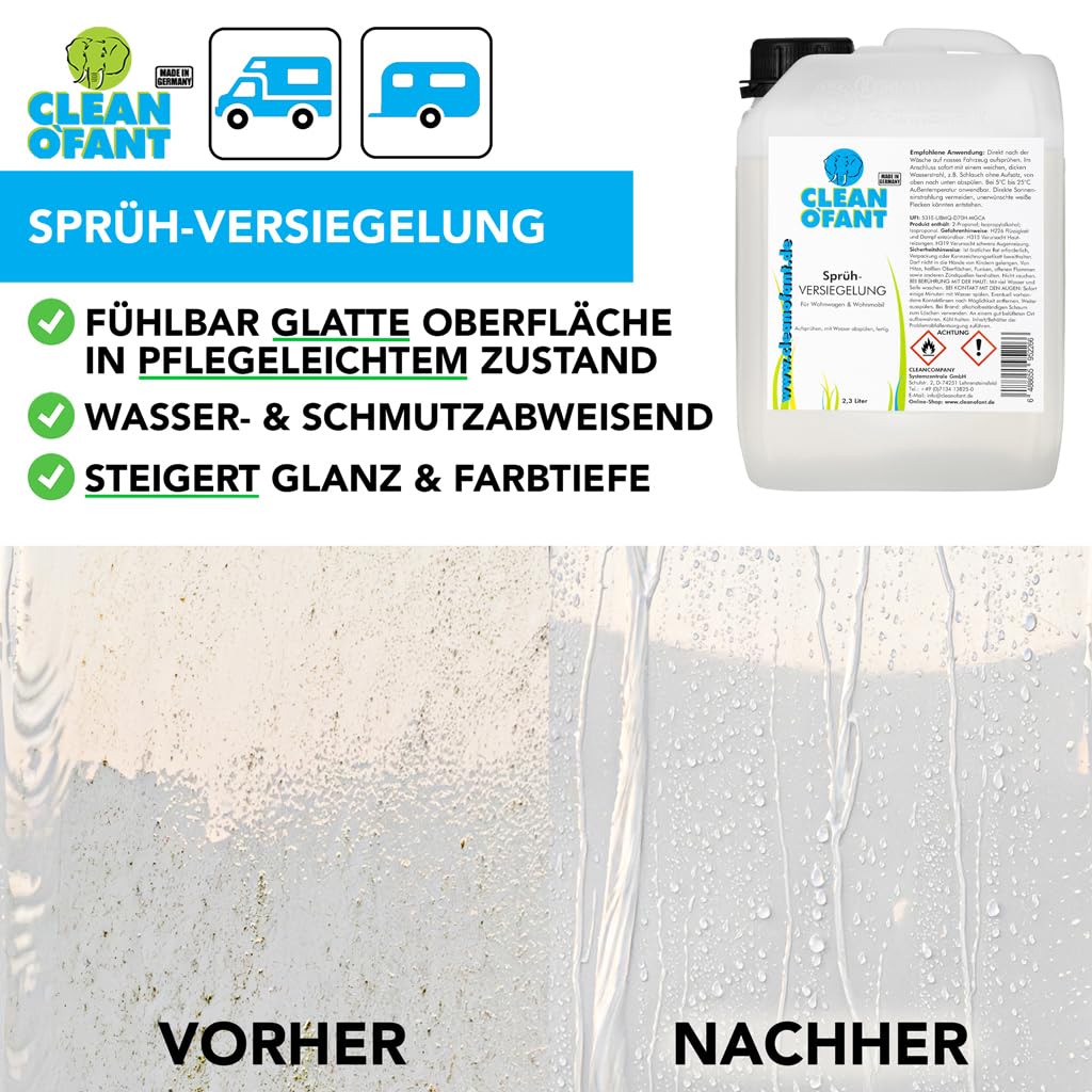 CLEANOFANT Sprüh-VERSIEGELUNG | 2,3 Liter | für Wohnwagen Wohnmobil Caravan | Versiegeln von Lack Gelcoat GFK Strukturblech Wabenblech Dach Folie ideal für große Flächen