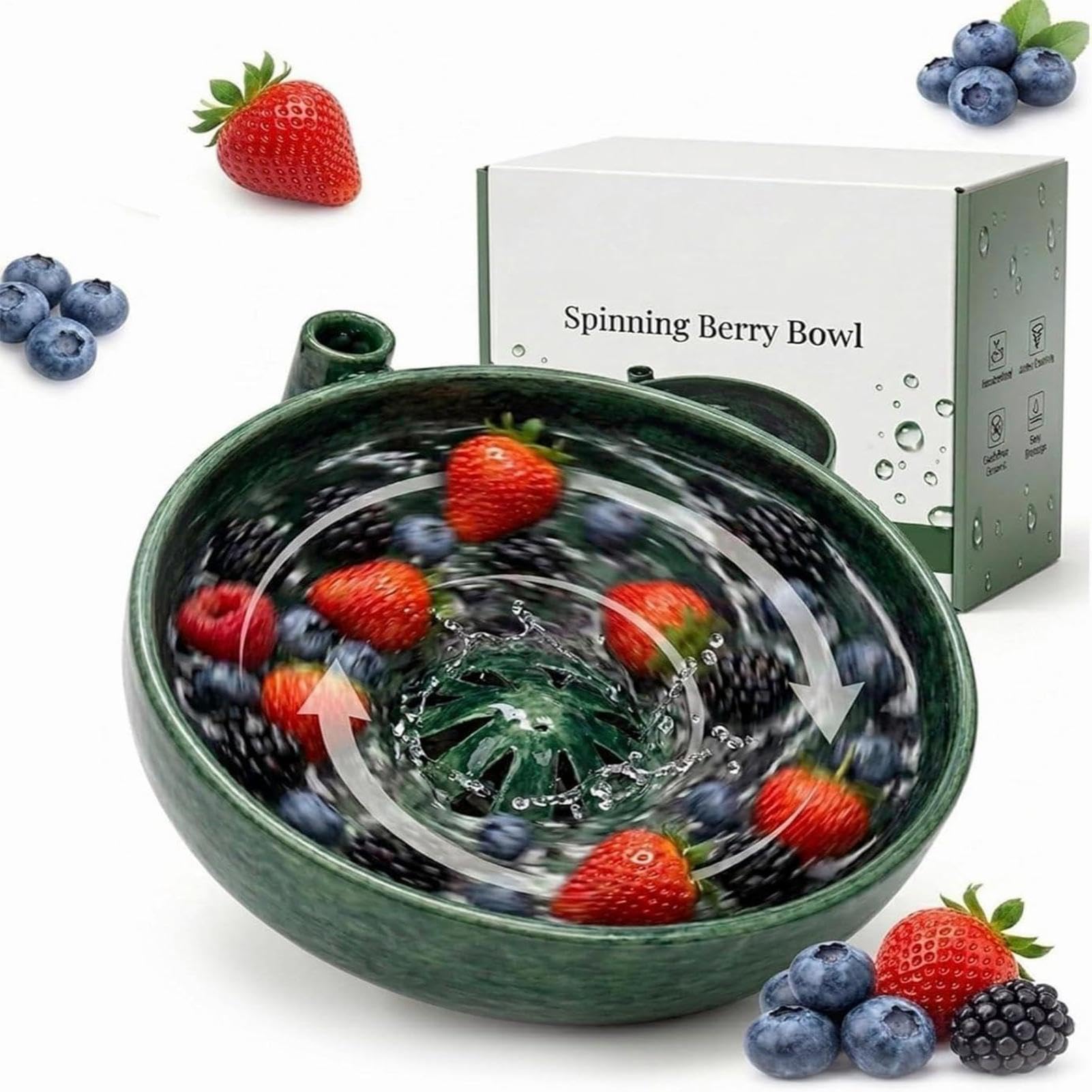 Self Spinnings Berry Washing Bowl, 3D Printed Automatic Fruit Vegetable Washing Bowl with Drain, 360° Fruit Washer Spinner Bowls Quickly Wash, Multipurpose Kitchen Washer for Vegetable, Strawberry