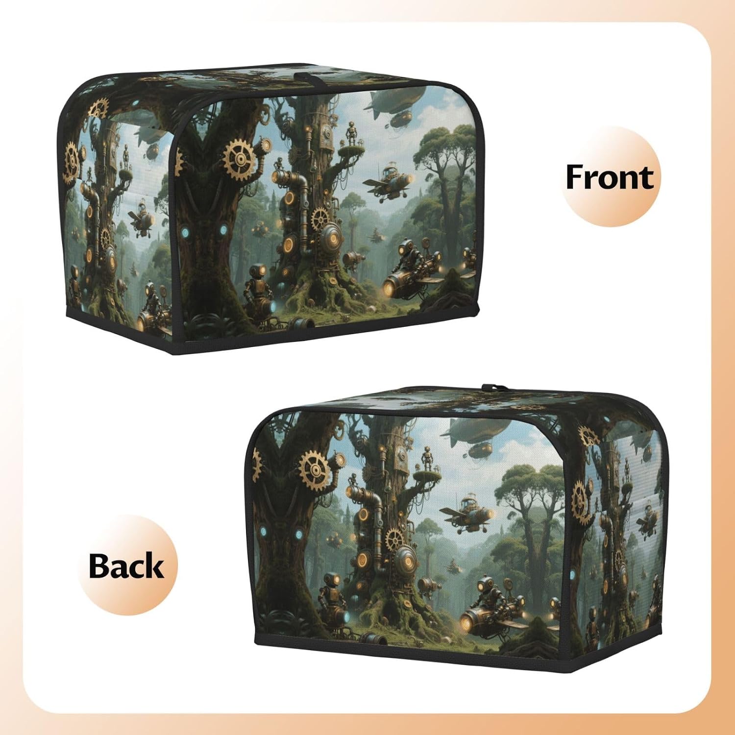 Mechanical Forest Toaster Cover 2 Slice, Waterproof Bread Machine Covers with Pockets Universal Size Kitchen Small Appliance Cover with Handle, Dust and Fingerprint Protection