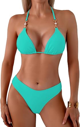 swimall Womens Triangle Bikini Set Cheeky High Cut Sexy Two Piece Swimsuit Cute Halter Bathing Suit