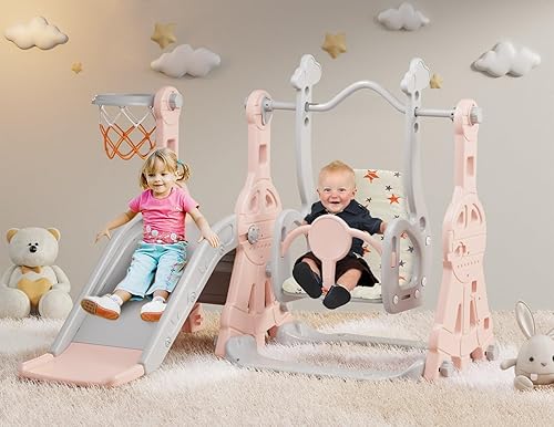 BIERUM Juego de tobogán y columpio 4 en 1 para niños pequeños de 1 a 2 años, tobogán para bebé con aro de baloncesto, tobogán para interiores y