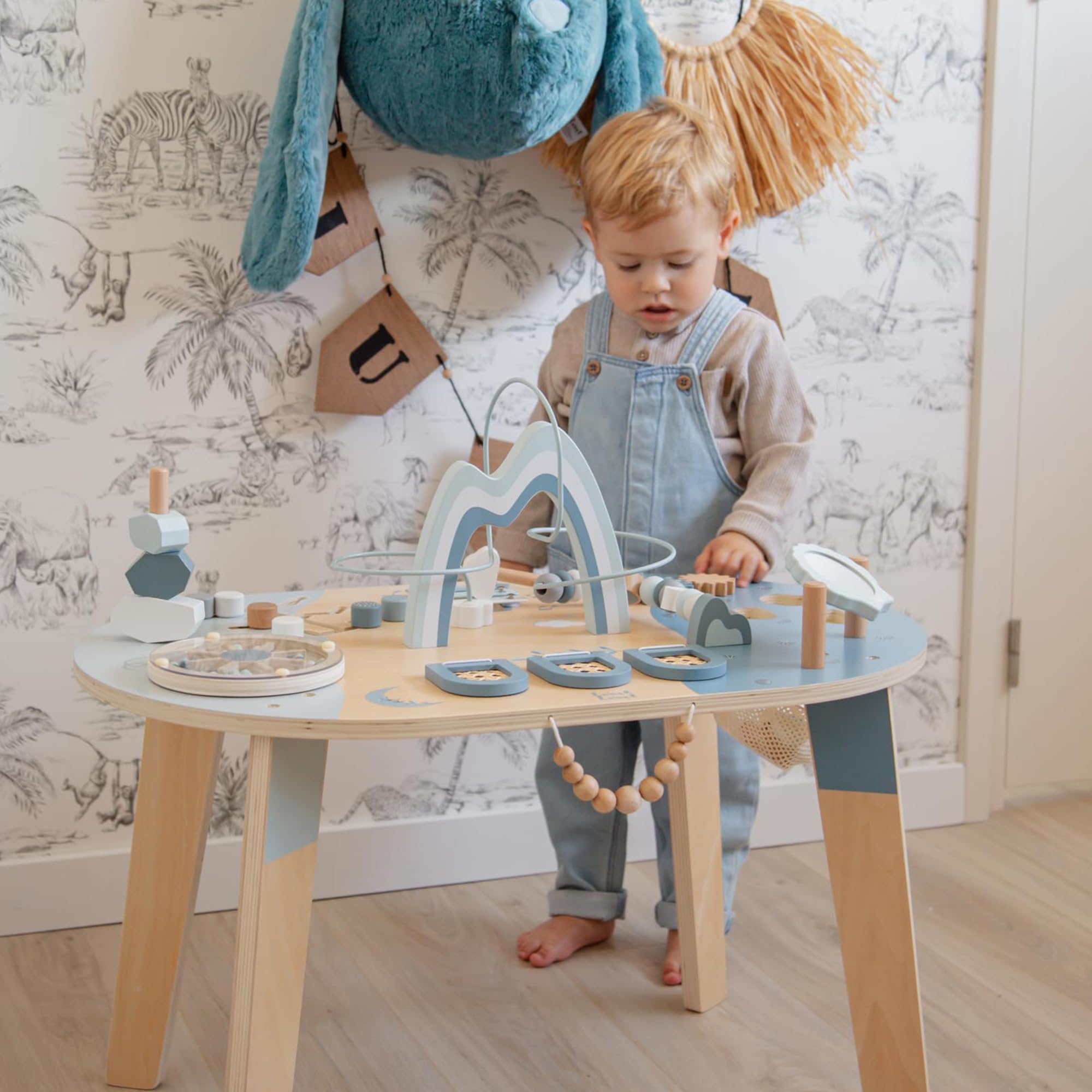 Label Label Personalizzato Tavolo attività in Legno Blu – stimola la motricità fine & Gioco sensoriale per Bambini dai 24 Mesi