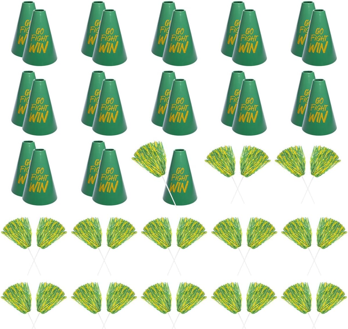 Anderson's Green and Gold Pom Poms and Go Fight Win Megaphones, Set of 50, Plastic Megaphones, Sports, Fan Gear, Homecoming, Cheerleaders