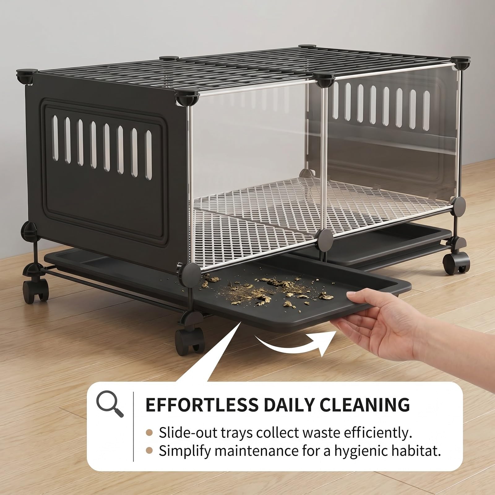 Jaula Grande para Animales pequeños, gallinero Transparente HD para Conejos y gallinas con Ruedas, Bandeja extraíble, Almohadillas Antideslizantes, Caja de cría para gallinas(Black,S)