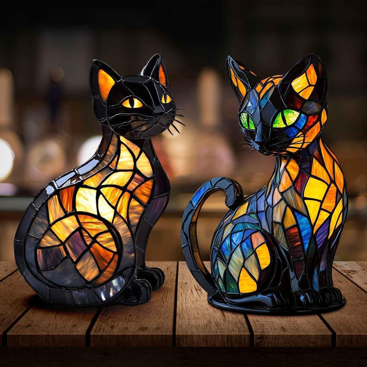 Solymall Glowkitty, Solymall cat lamp stained glass, Retro Cat Stained Resin Tabletop Night Light, 3D Cute Pet Led Table Light, for Cats Lovers (B 1PCS)