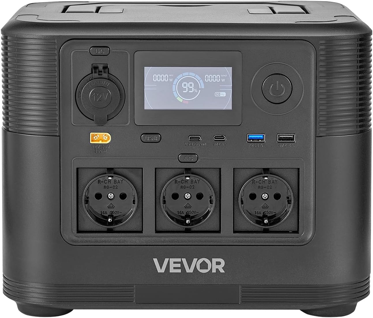 Lähivõte view of the VEVOR M9 Portable Power Station's front panel, showing the display, DC input, USB ports, AC outlets, and other output ports.