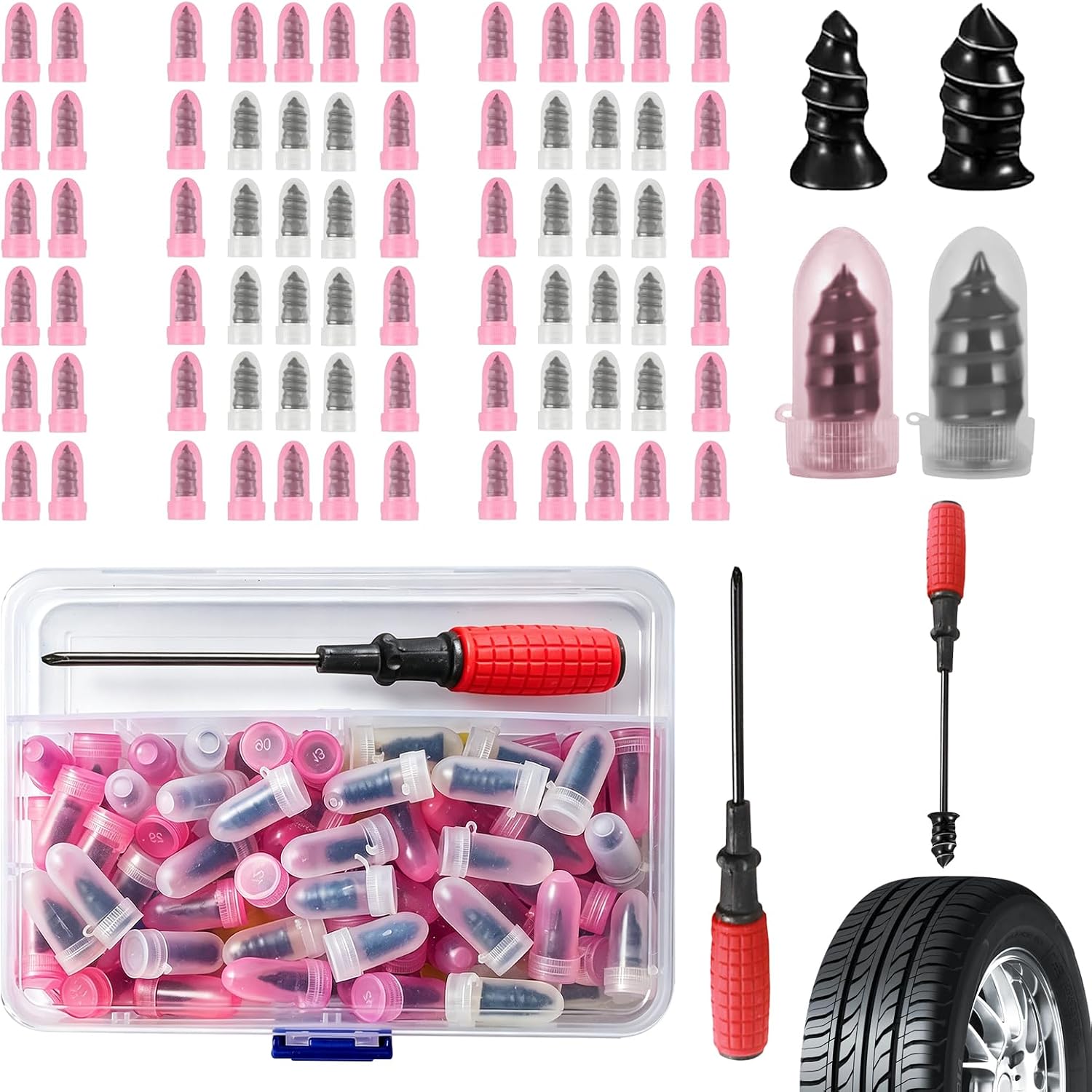 100Pcs Tire Screw Plug Repair Kit, Vacuum Tire Repair Spiral Rubber Studs,2 Sizes with Screwdriver, Universal Self-Service Puncture Repair Tool for Auto, Motorcycle, Truck, Tractor - Boxed