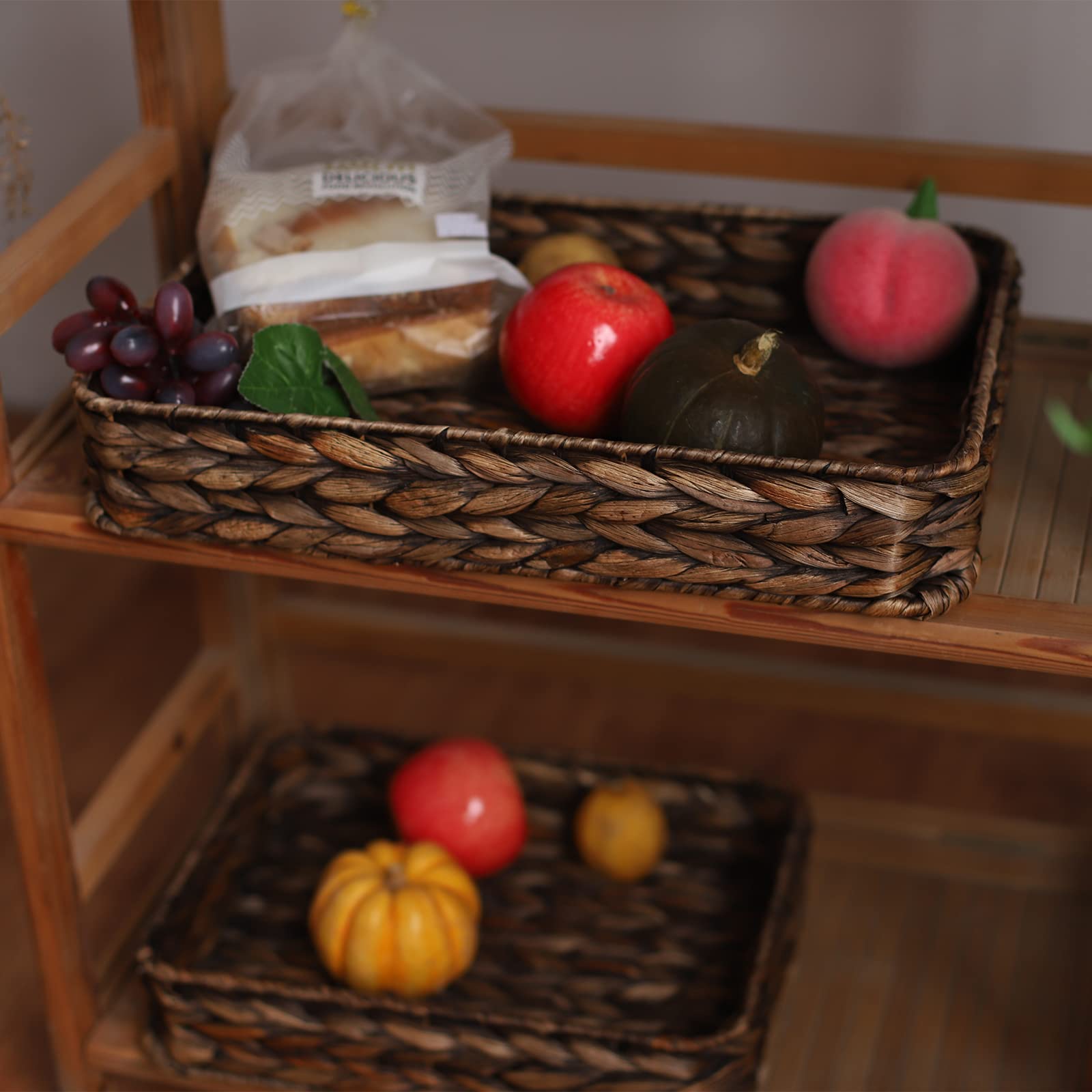 Bandeja rectangular tejida de jacinto de agua, de mimbre tejida a mano, bandejas de almacenamiento para café, desayuno, postre, fruta, pan (marrón-pequeño)