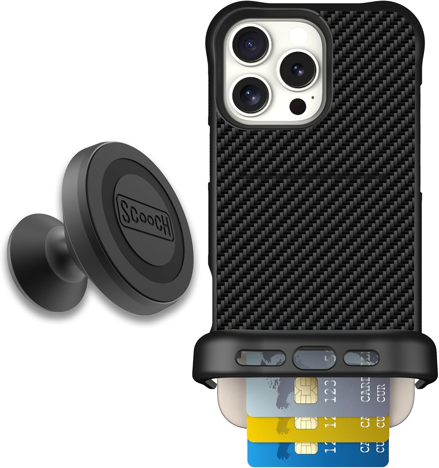 Scooch for iPhone 16 Pro Max Case with Card Holder, Wingmate Wallet Case with Hidden Card Slot and RFID Protection for 4 Cards, Starter Bundle with Wingmount, Carbon Fiber