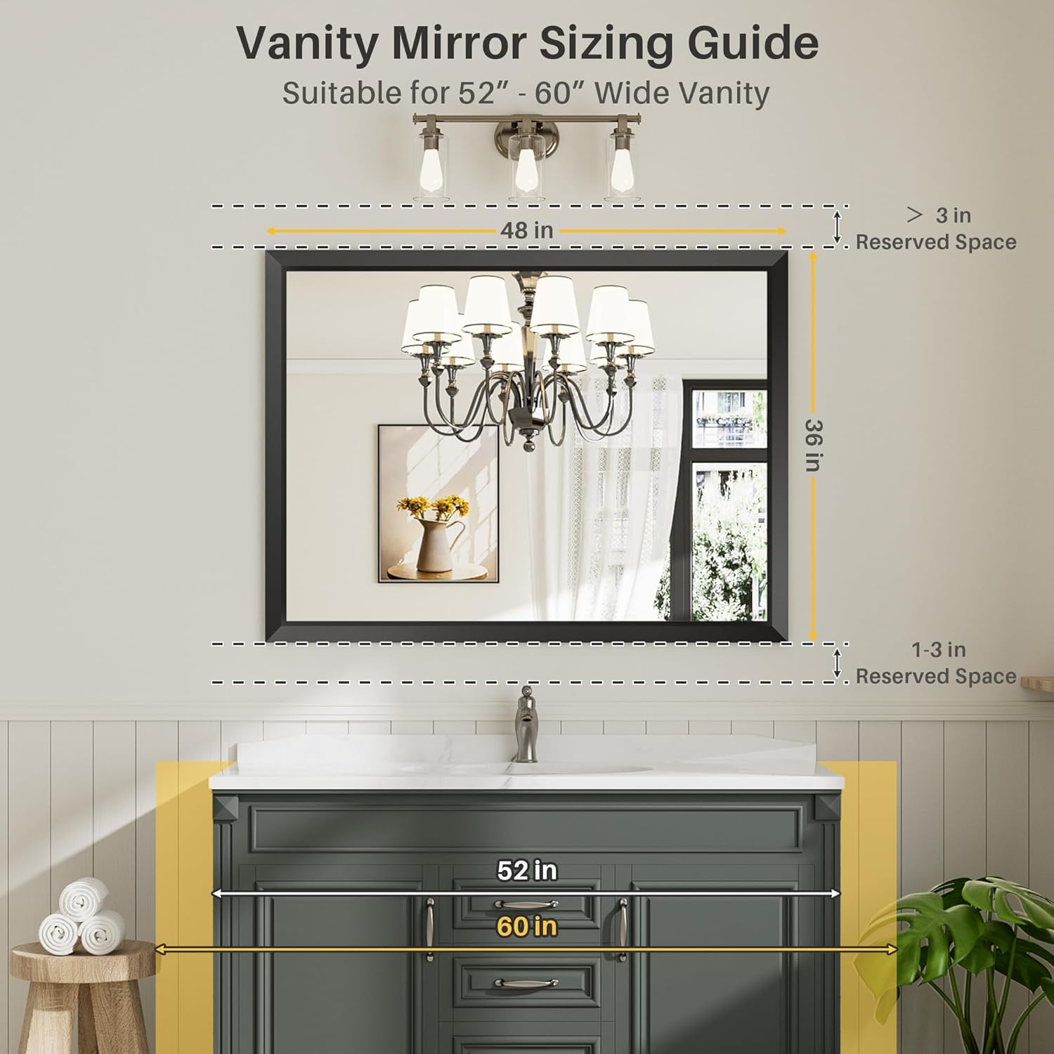 Briivue 48x36 Inch Black Bathroom Mirror for Wall, Thick Metal Framed Rectangle Mirrors for Over Sink, Bedroom, Living Room, Entryway, Anti-Rust, HD Tempered Glass