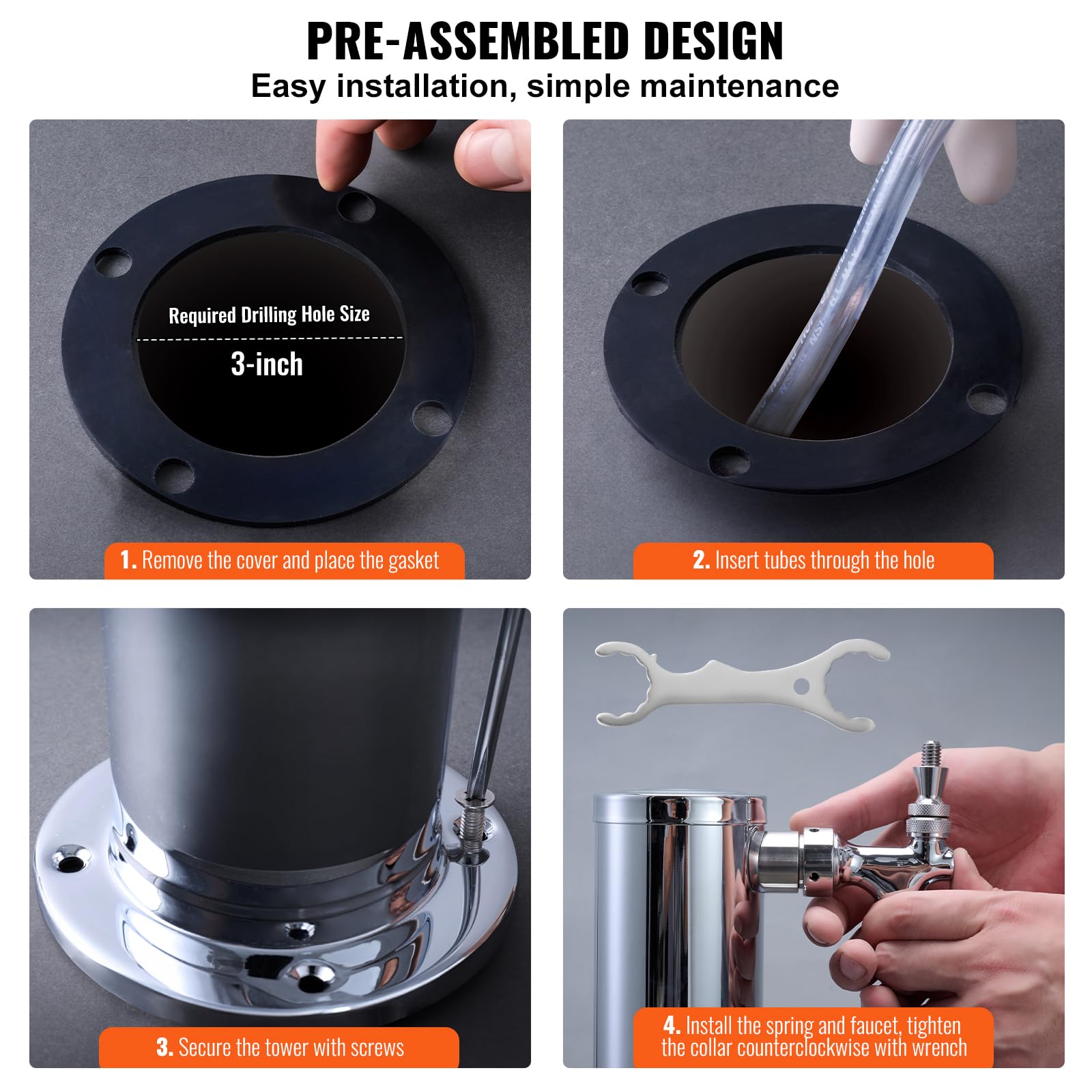 VEVOR Dispenser per Torre Spillatore Birra alla Spina Triplo Rubinetto in Acciaio Inossidabile, Tubi Preassemblati e Canne per Rubinetti a Chiusura Automatica per Feste, Bar, Pub, Ristoranti
